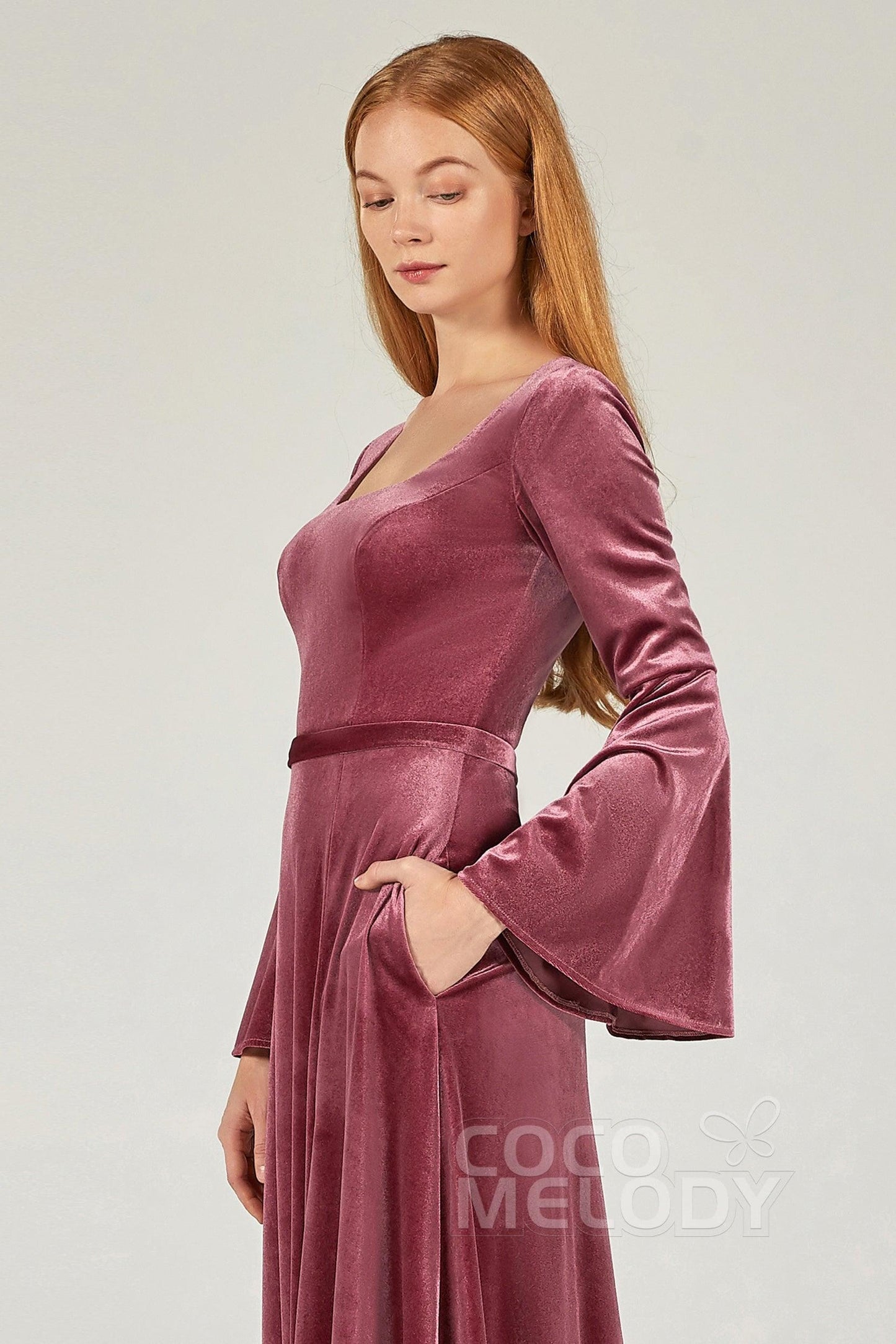 A-Line Floor Length Velvet Bridesmaid Dress Formal Dresses CB0370 - COCOMELODY