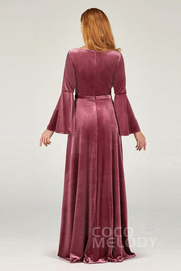 A-Line Floor Length Velvet Bridesmaid Dress Formal Dresses CB0370 - COCOMELODY
