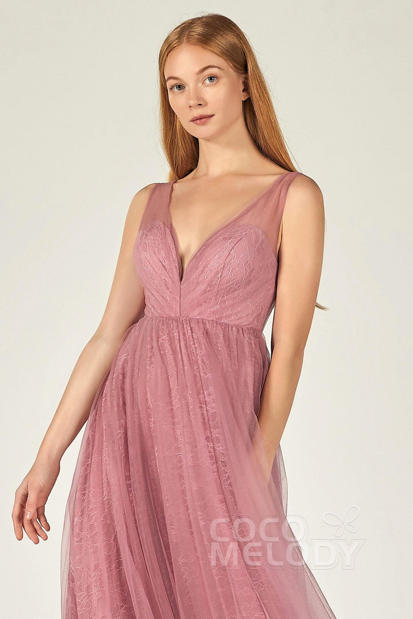 A-Line Floor Length Tulle Lace Bridesmaid Dress CB0375 - COCOMELODY