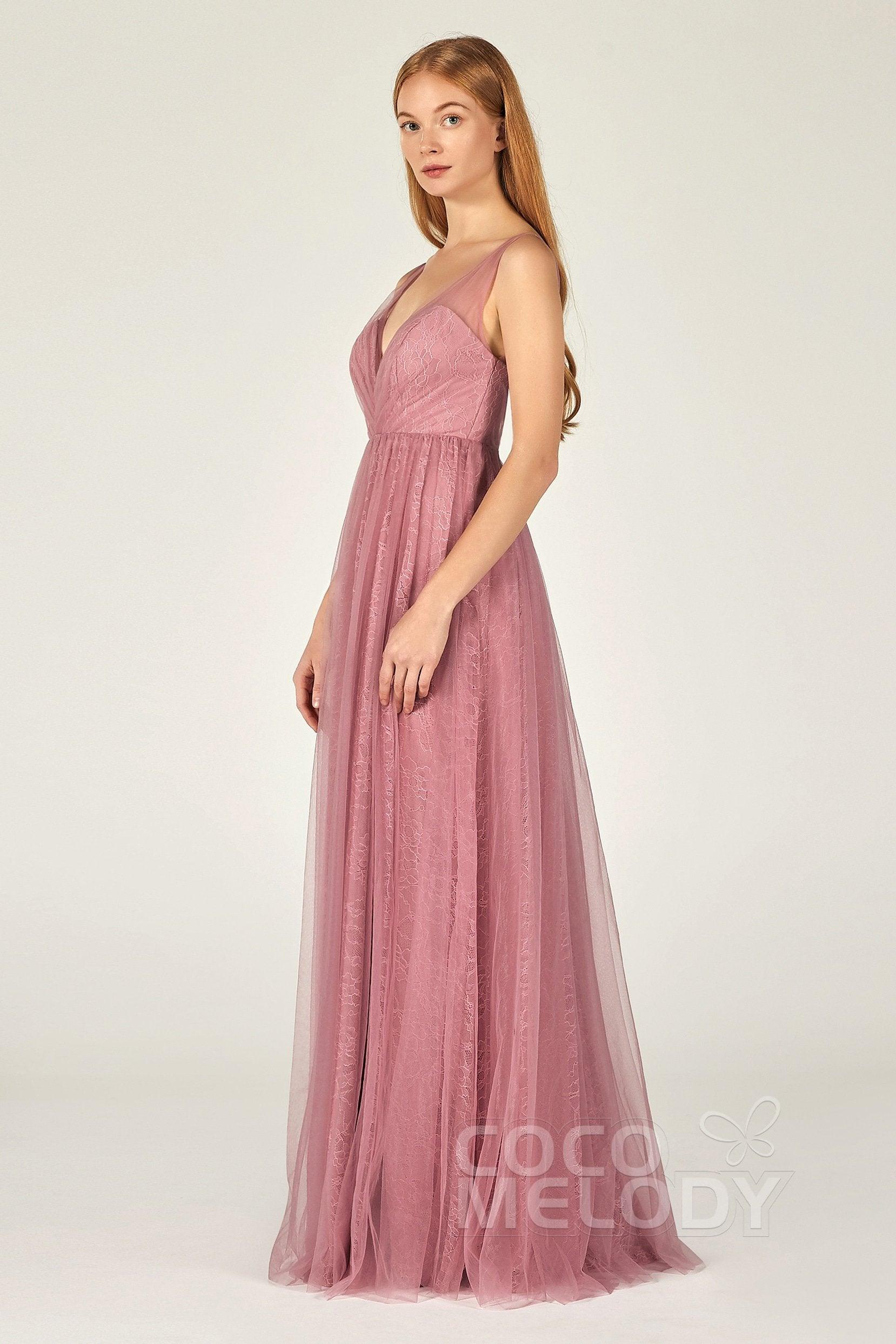 A-Line Floor Length Tulle Lace Bridesmaid Dress CB0375 - COCOMELODY