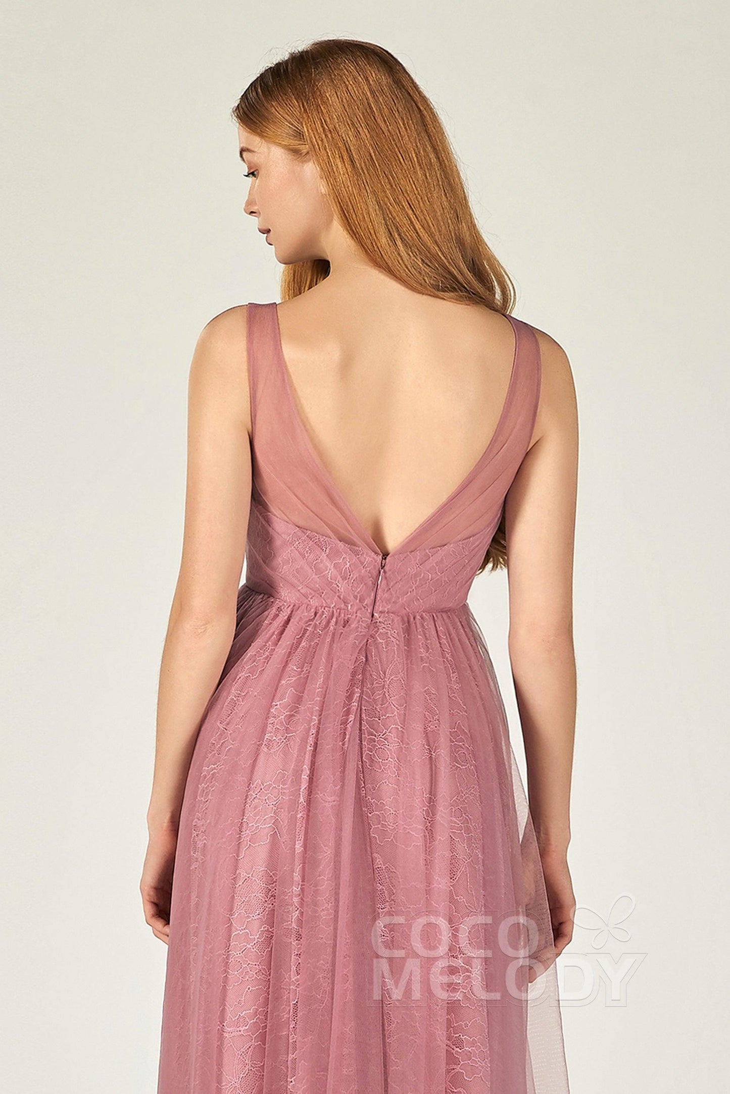 A-Line Floor Length Tulle Lace Bridesmaid Dress CB0375 - COCOMELODY