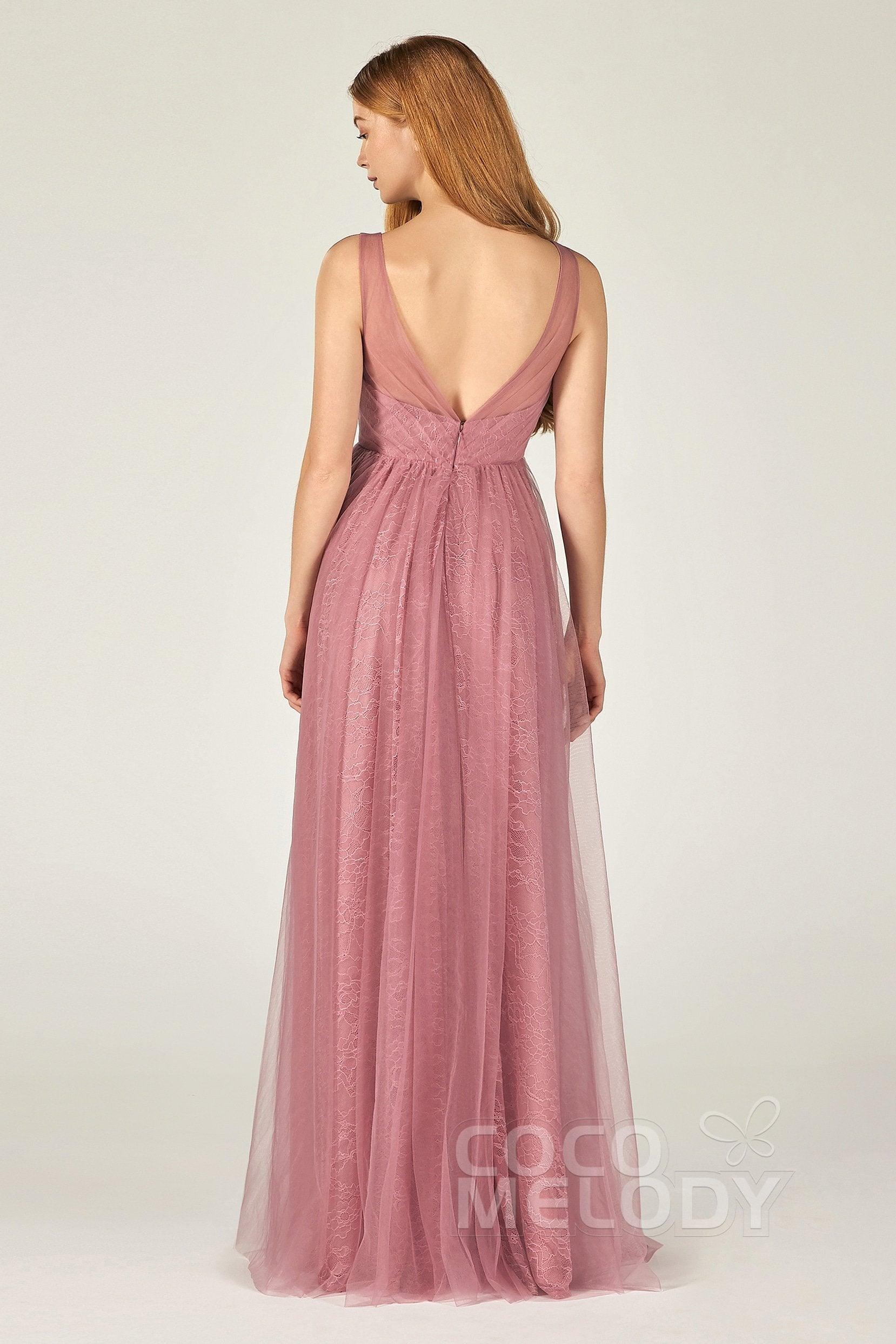 A-Line Floor Length Tulle Lace Bridesmaid Dress CB0375 - COCOMELODY