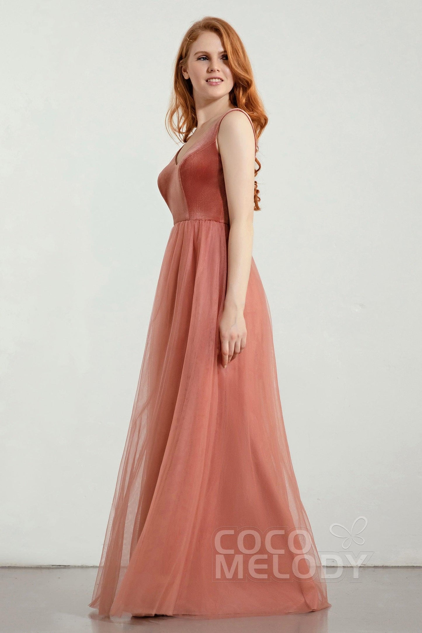 A-Line Floor Length Velvet/Tulle Bridesmaid Dress Formal Dresses CB0431 - COCOMELODY