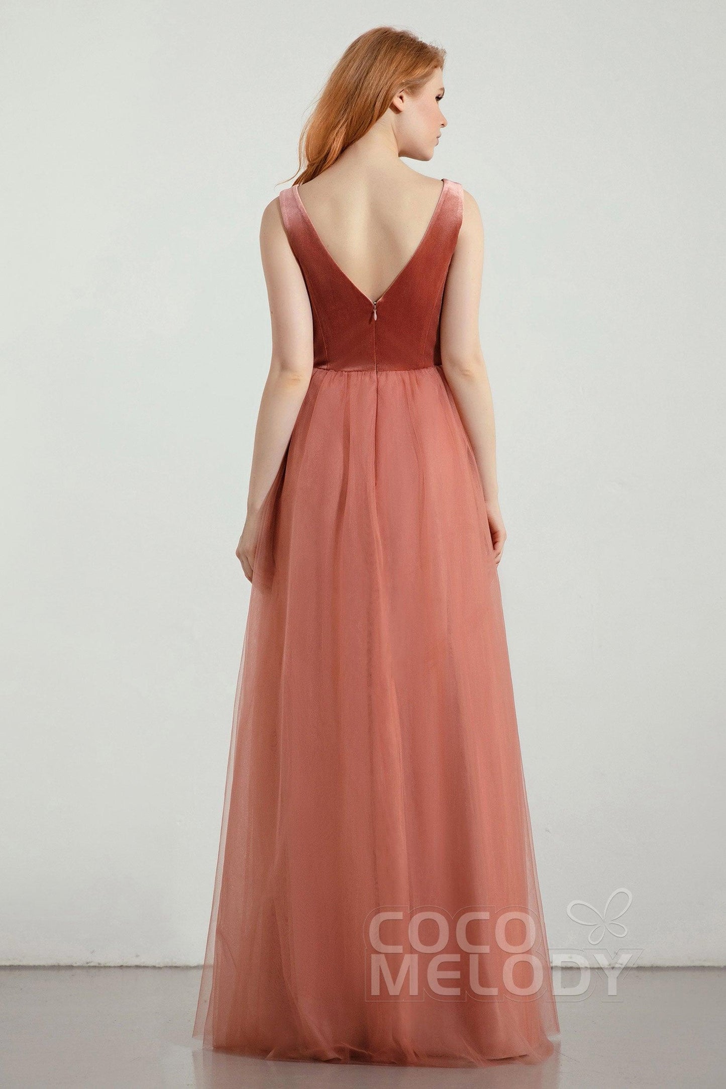 A-Line Floor Length Velvet/Tulle Bridesmaid Dress Formal Dresses CB0431 - COCOMELODY