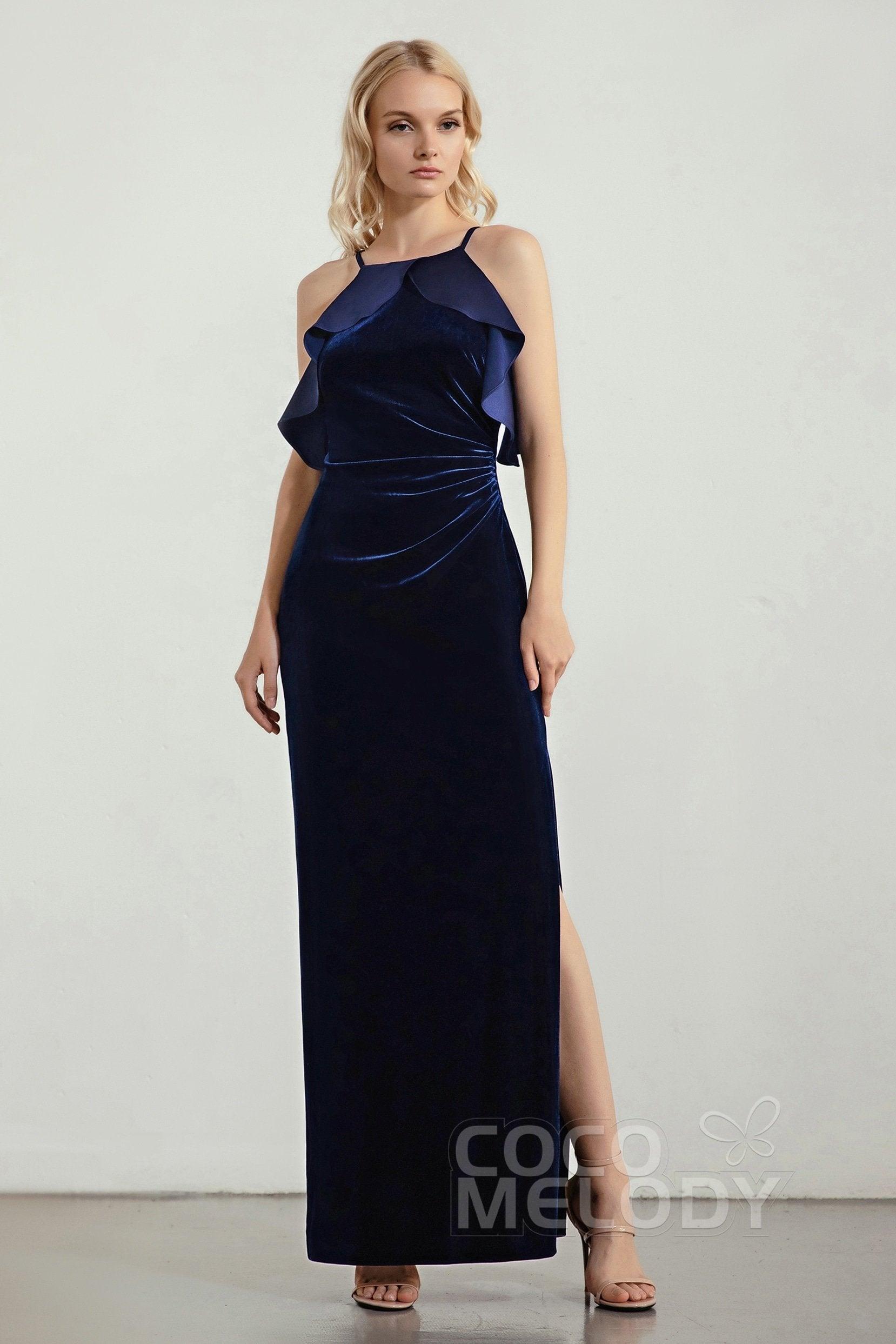 Sheath-Column Floor Length Velvet Bridesmaid Dress Formal Dresses CB0434 - COCOMELODY