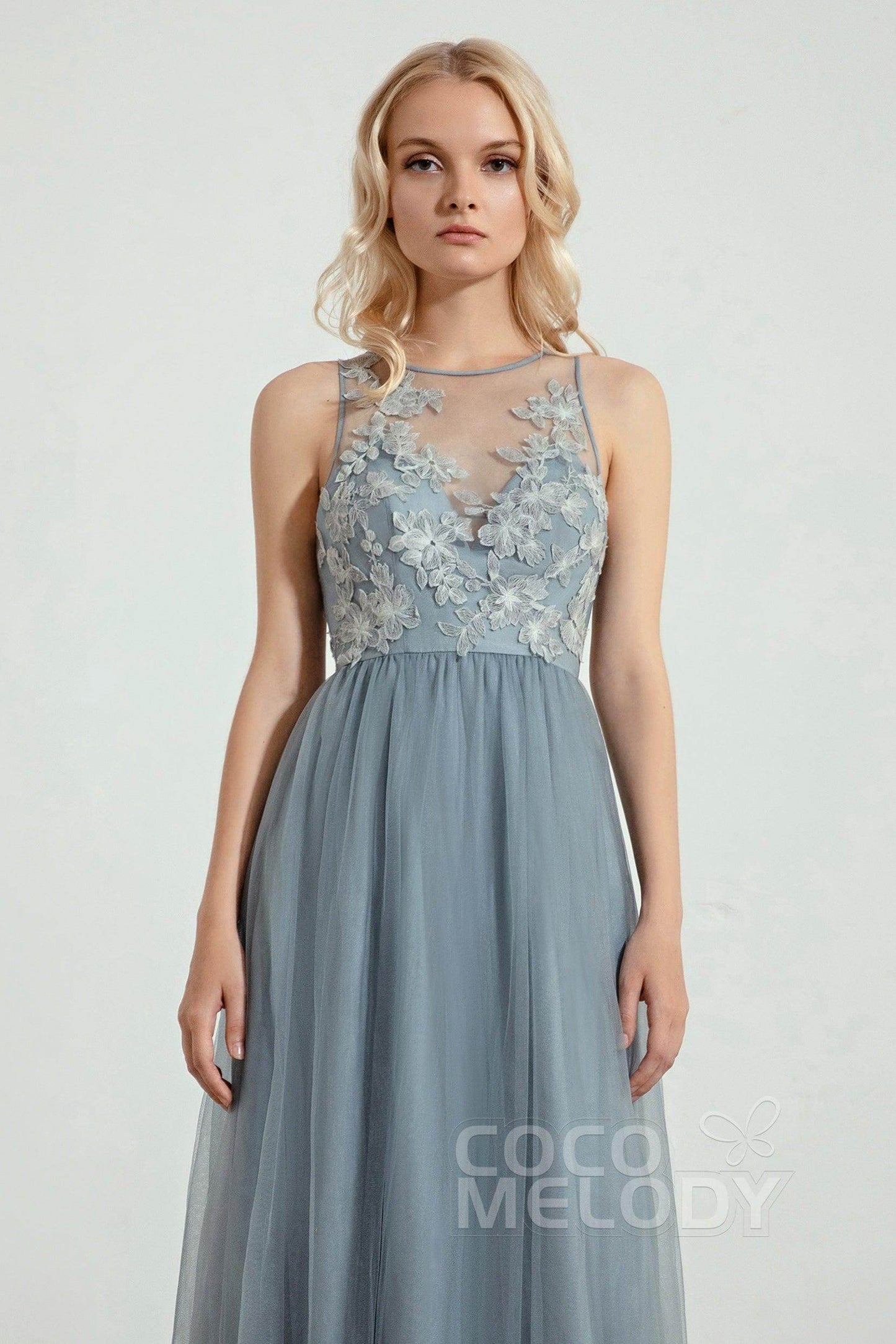 A-Line Floor Length Tulle/Lace Bridesmaid Dress CB0435 - COCOMELODY
