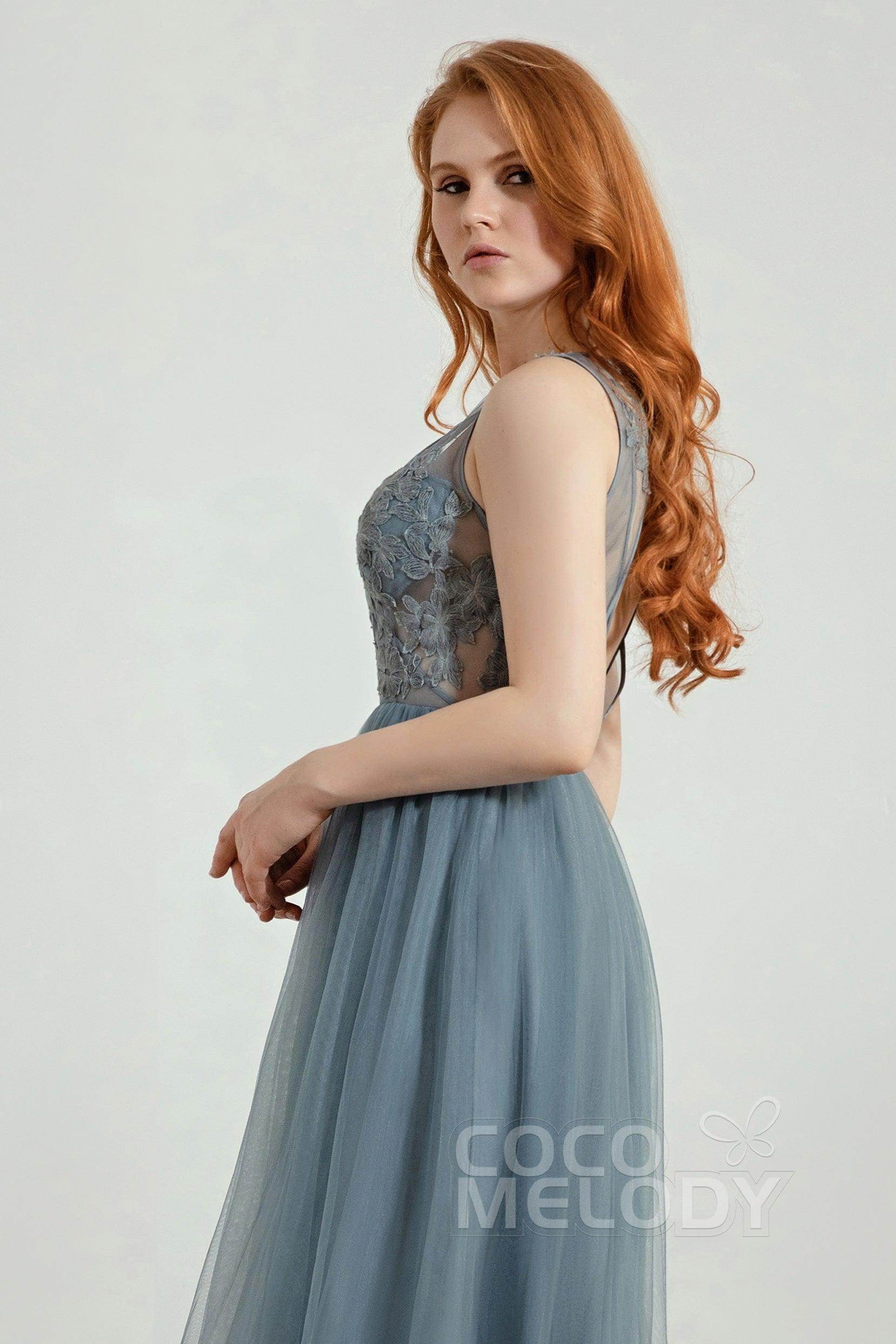 A-Line Floor Length Tulle Lace Bridesmaid Dress CB0436 - COCOMELODY