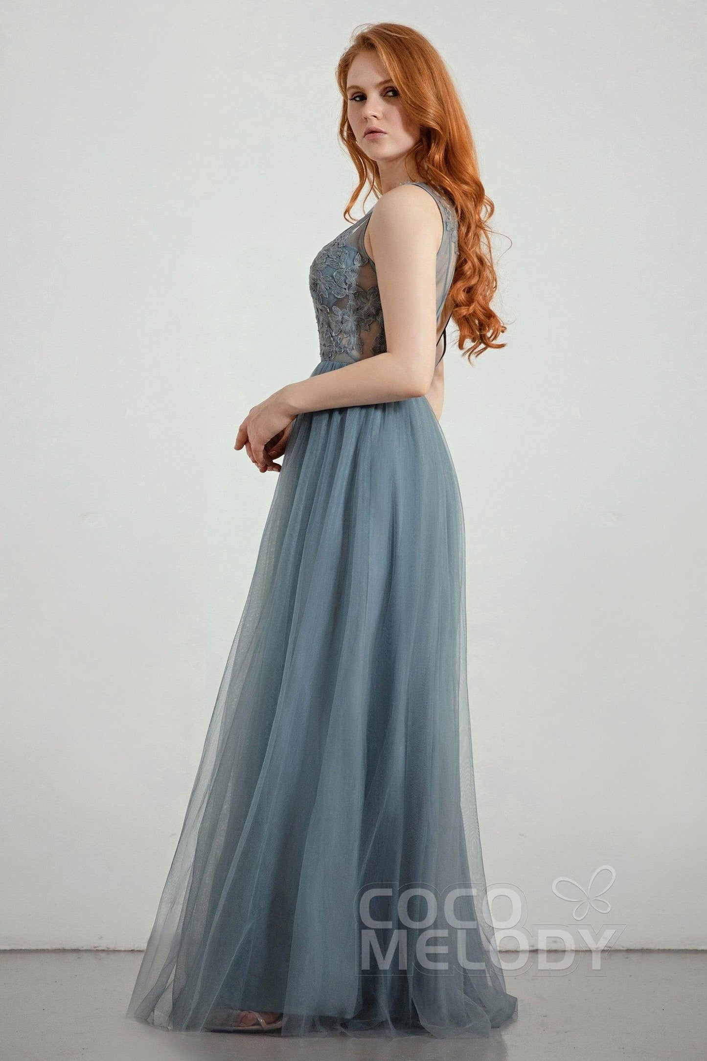 A-Line Floor Length Tulle Lace Bridesmaid Dress CB0436 - COCOMELODY