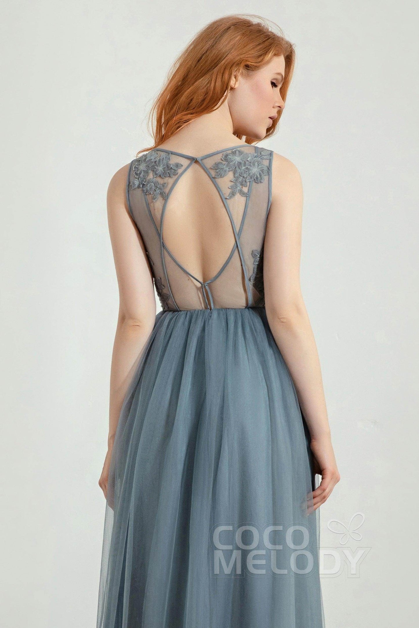 A-Line Floor Length Tulle Lace Bridesmaid Dress CB0436 - COCOMELODY