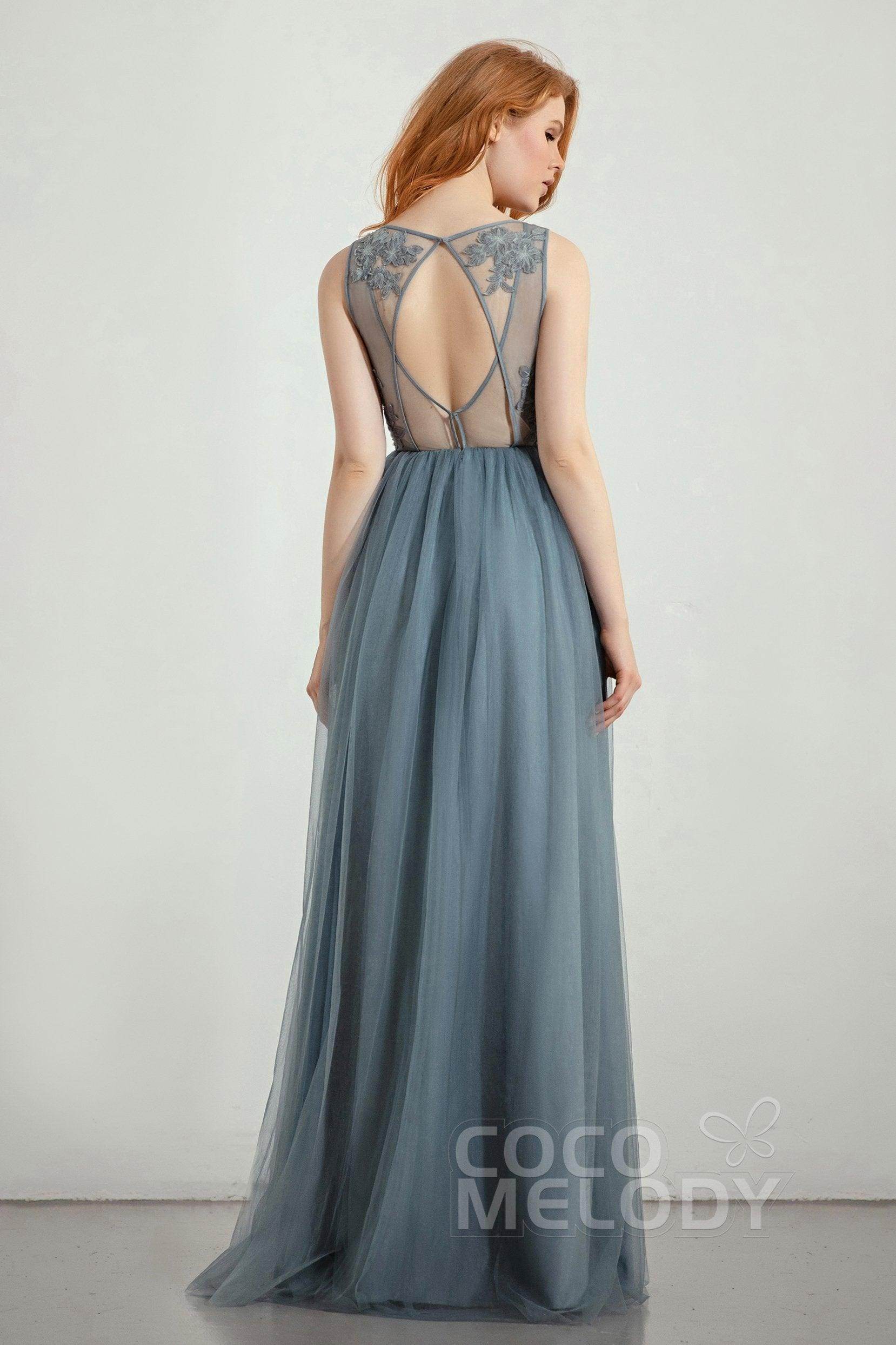 A-Line Floor Length Tulle Lace Bridesmaid Dress CB0436 - COCOMELODY
