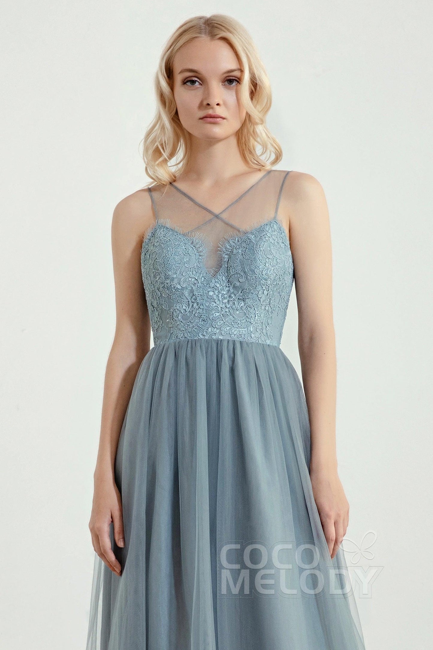 A-Line Floor Length Tulle Lace Bridesmaid Dress CB0439 - COCOMELODY