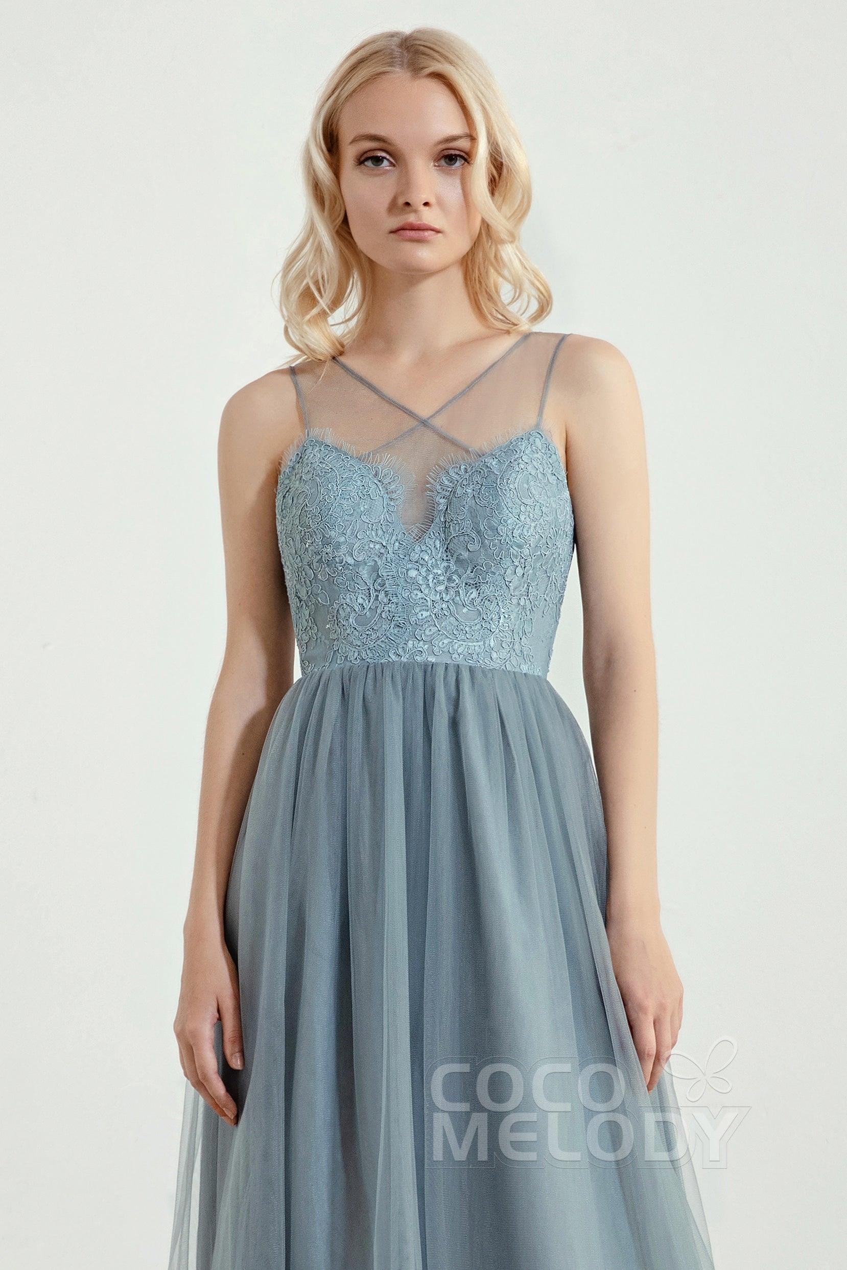 A-Line Floor Length Tulle Lace Bridesmaid Dress CB0439 - COCOMELODY