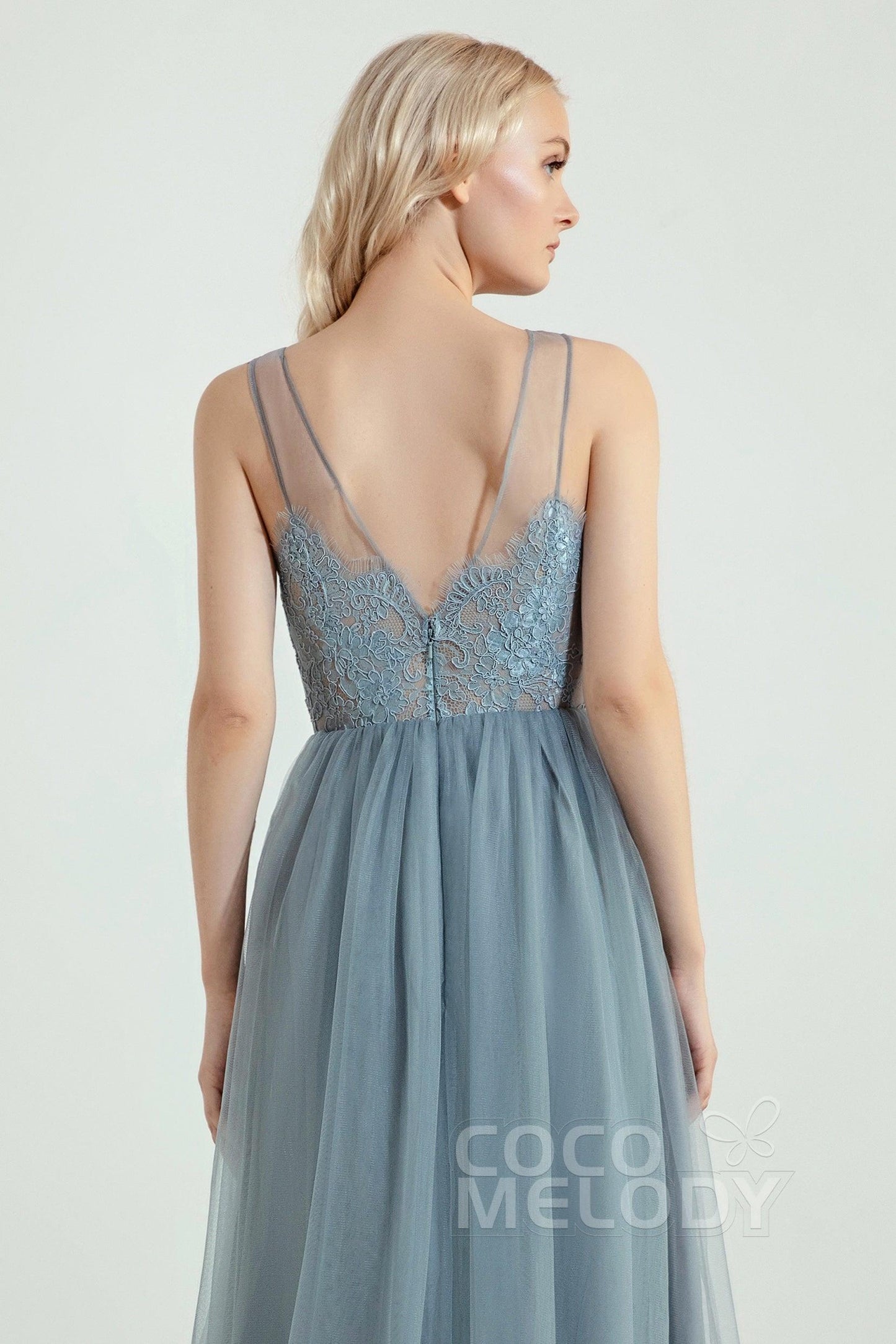 A-Line Floor Length Tulle Lace Bridesmaid Dress CB0439 - COCOMELODY