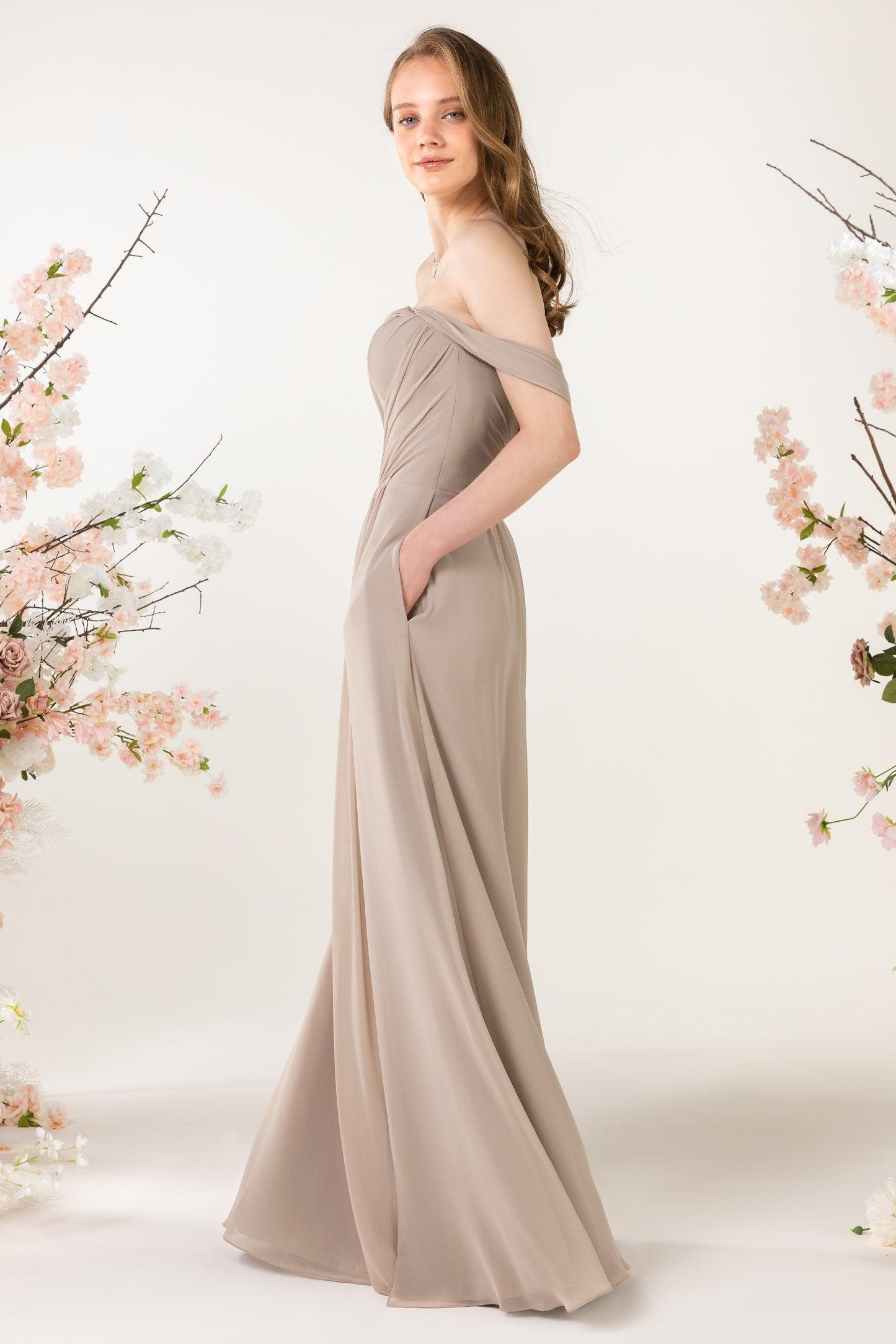 A-Line Sweep-Brush Train Chiffon Bridesmaid Dress CB0454