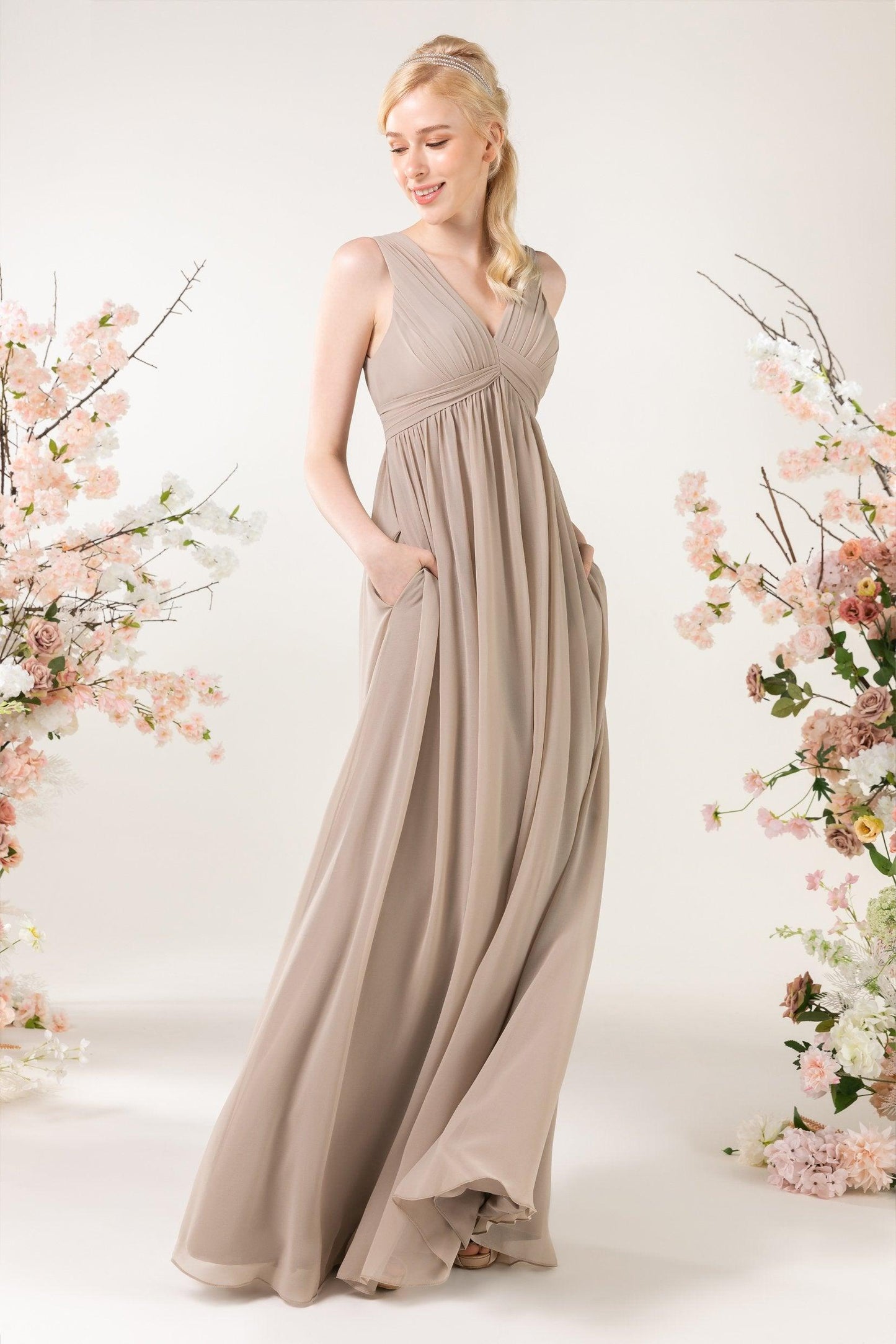 A-Line Sweep-Brush Train Chiffon Bridesmaid Dress CB0455 - COCOMELODY