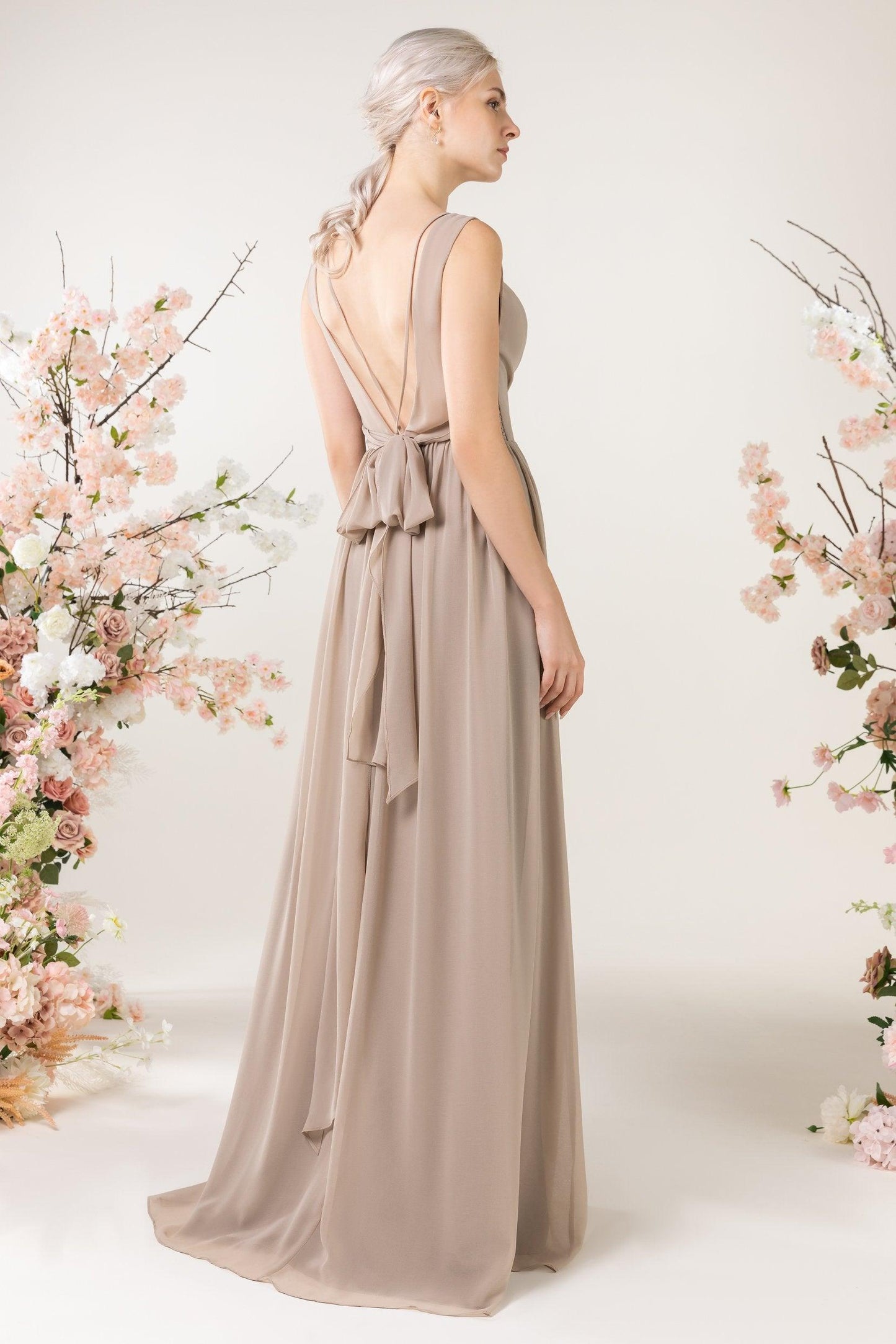 A-Line Sweep-Brush Train Chiffon Bridesmaid Dress CB0456