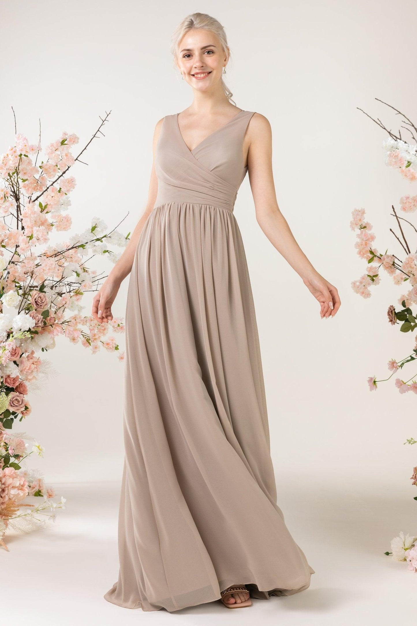 A-Line Sweep-Brush Train Chiffon Bridesmaid Dress CB0456 - COCOMELODY