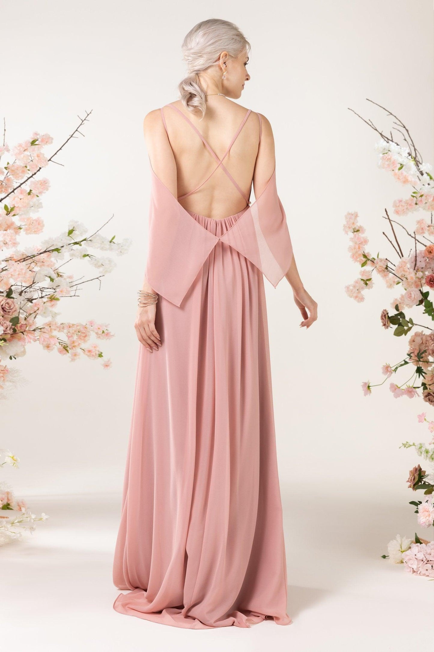 A-Line Sweep-Brush Train Chiffon Bridesmaid Dress CB0458 - COCOMELODY
