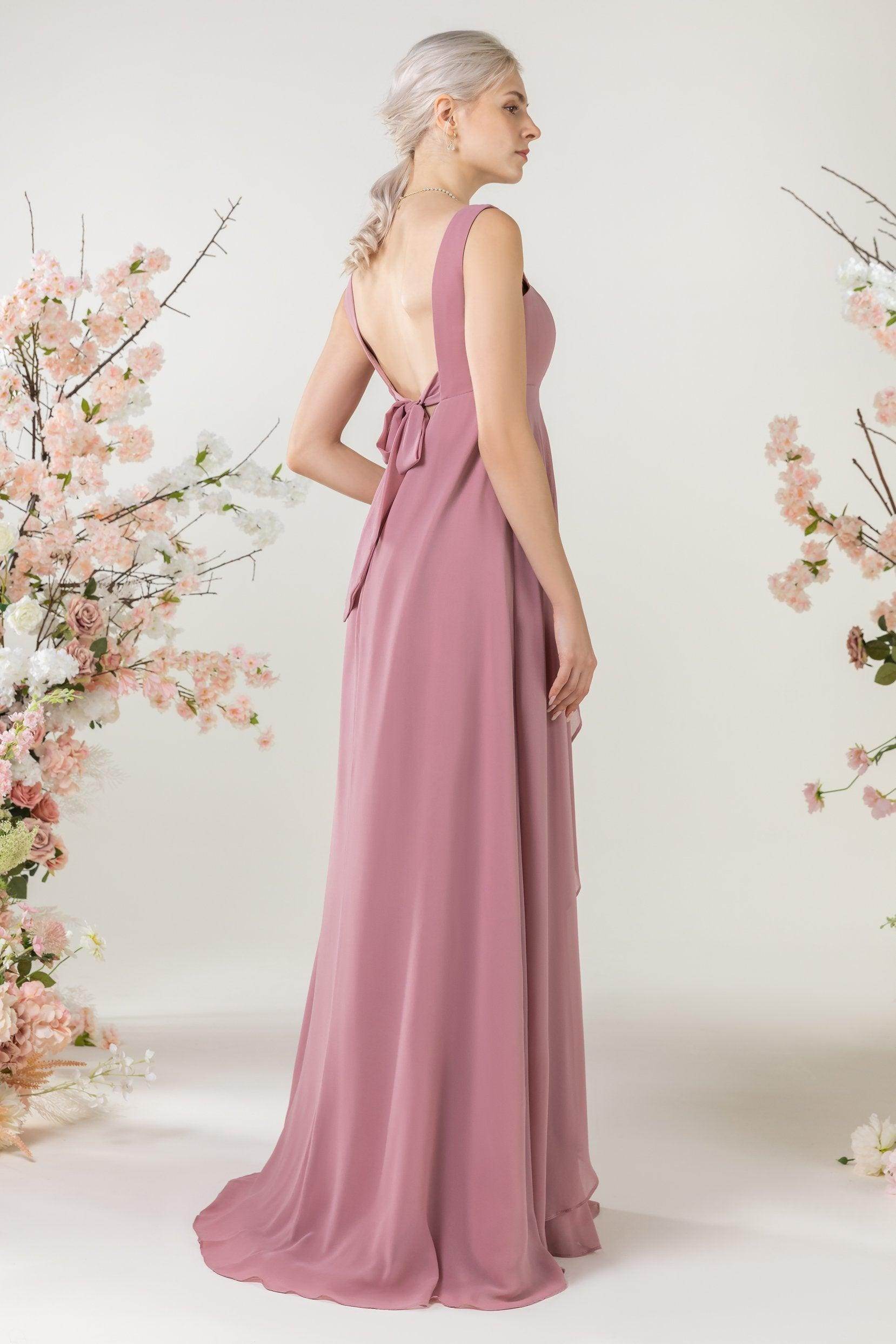 A-Line Sweep-Brush Train Chiffon Bridesmaid Dress CB0473 - COCOMELODY