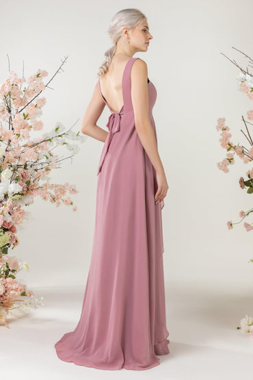 A-Line Sweep-Brush Train Chiffon Bridesmaid Dress CB0473 - COCOMELODY