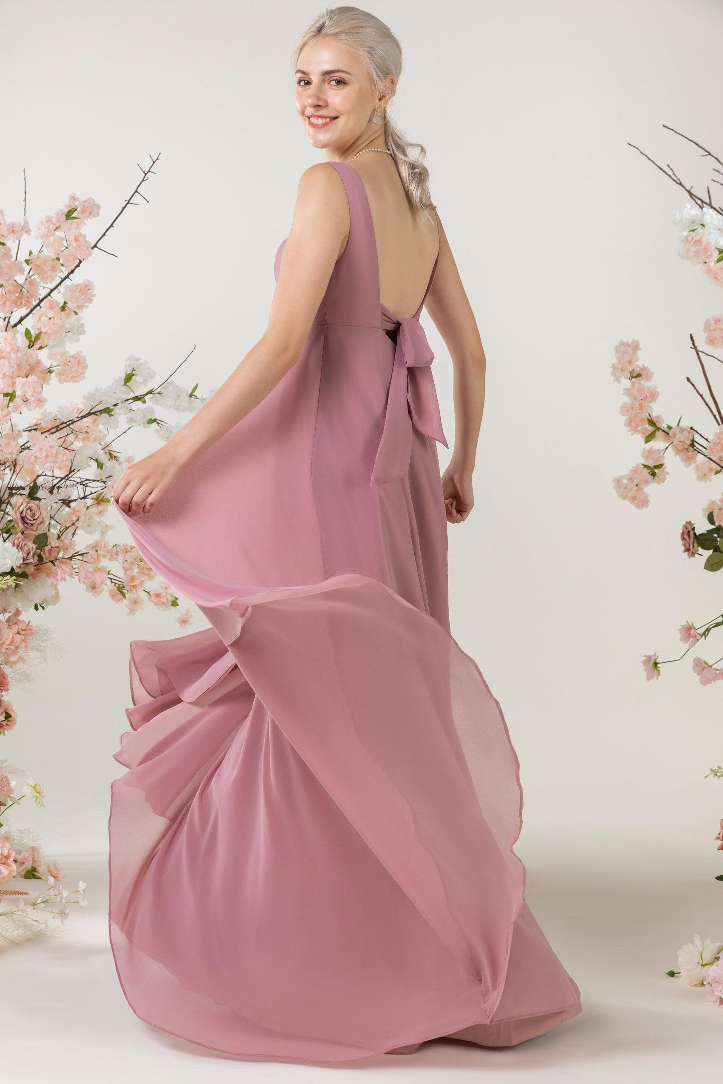 A-Line Sweep-Brush Train Chiffon Bridesmaid Dress CB0473