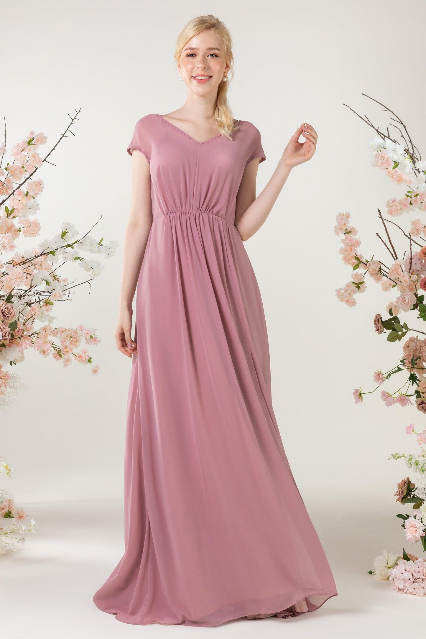 A-Line Sweep-Brush Train Chiffon Bridesmaid Dress CB0474 - COCOMELODY