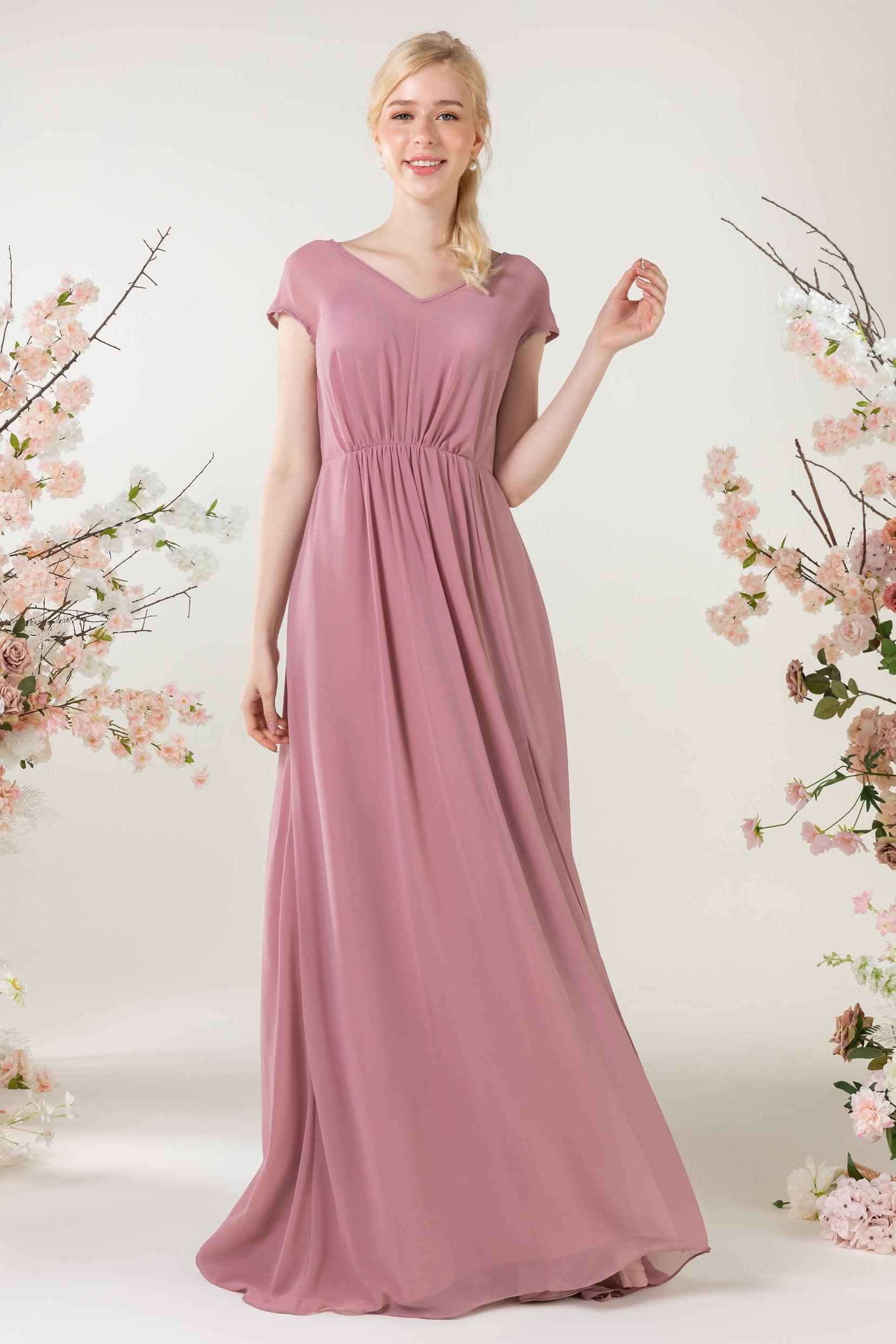 A-Line Sweep-Brush Train Chiffon Bridesmaid Dress CB0474 - COCOMELODY