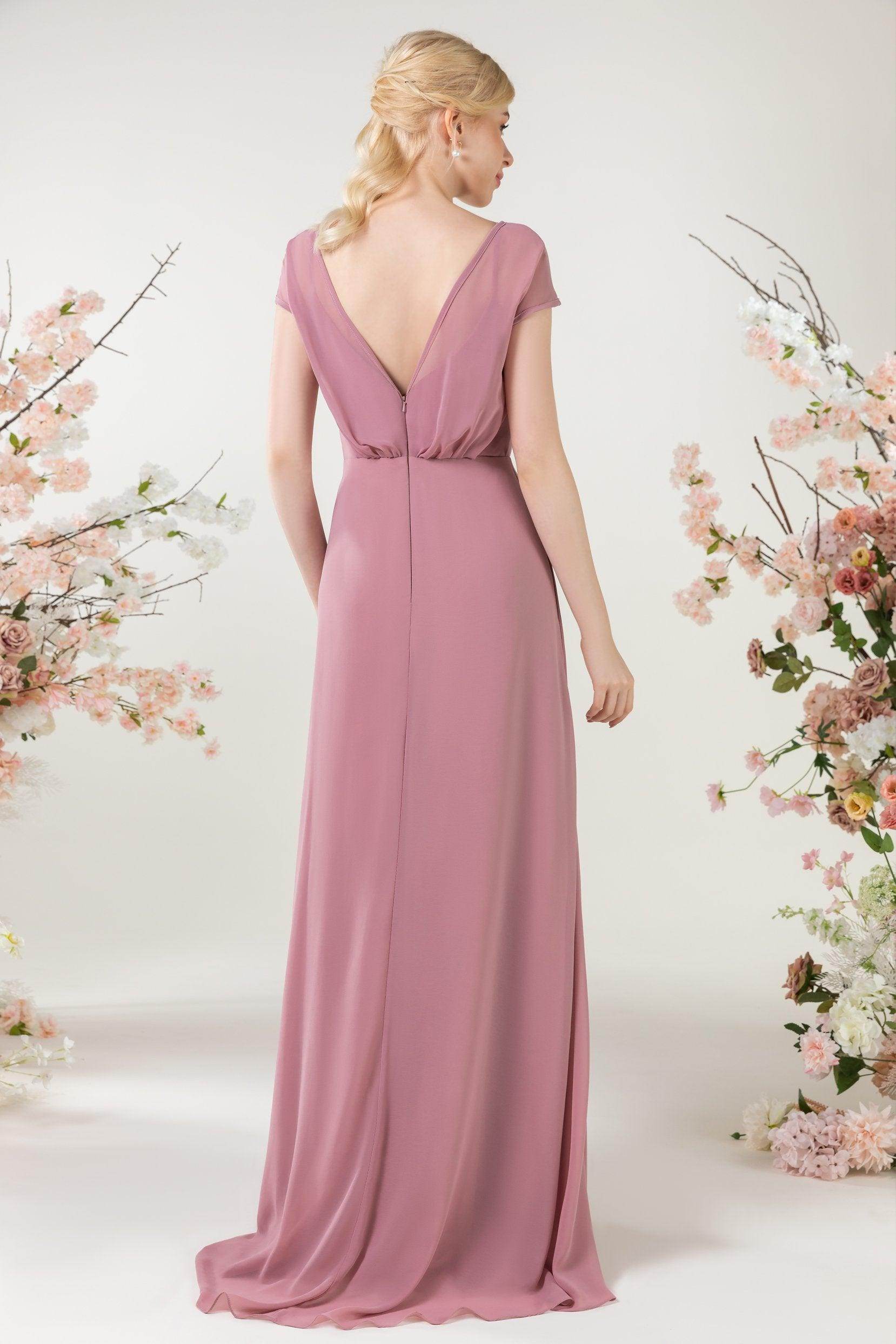 A-Line Sweep-Brush Train Chiffon Bridesmaid Dress CB0474 - COCOMELODY