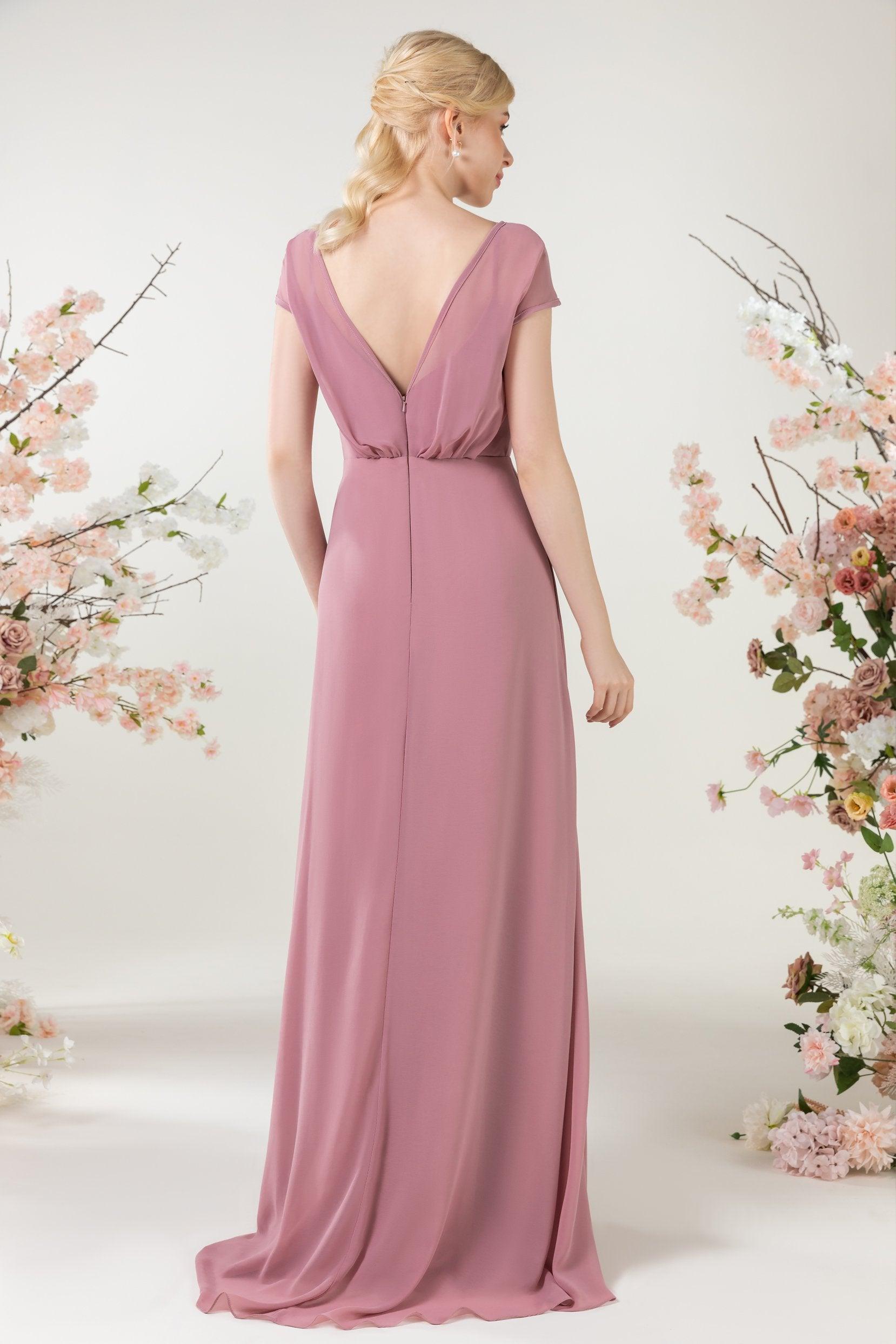 A-Line Sweep-Brush Train Chiffon Bridesmaid Dress CB0474 - COCOMELODY