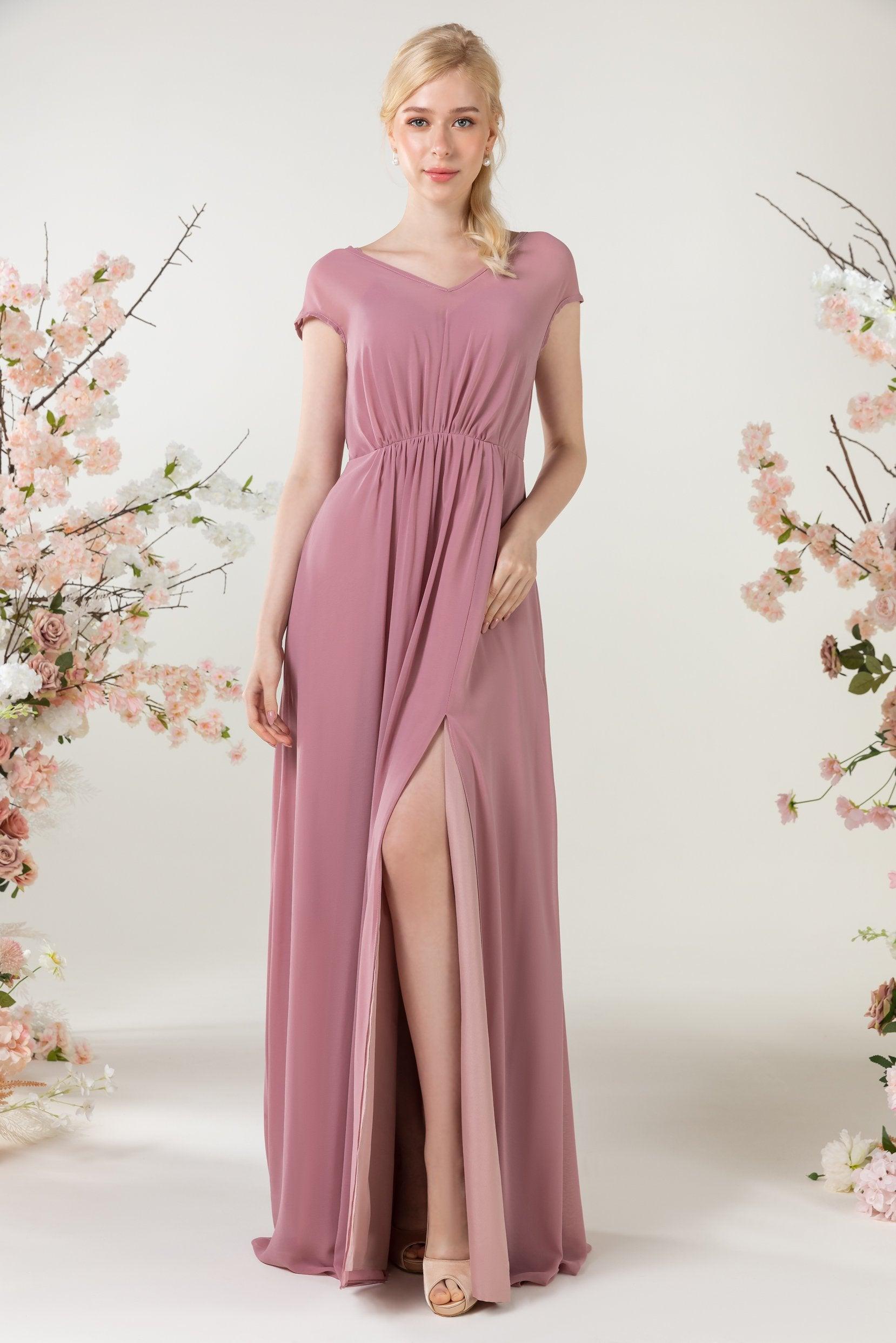 A-Line Sweep-Brush Train Chiffon Bridesmaid Dress CB0474 - COCOMELODY