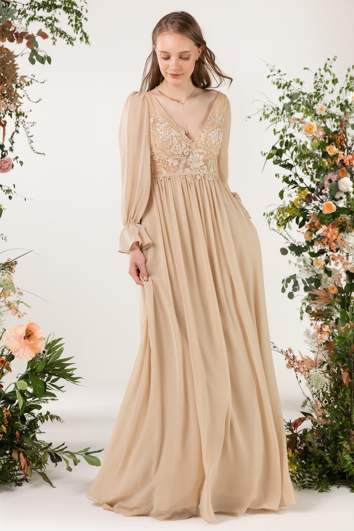 A-Line Sweep-Brush Train Chiffon Bridesmaid Dress CB0478