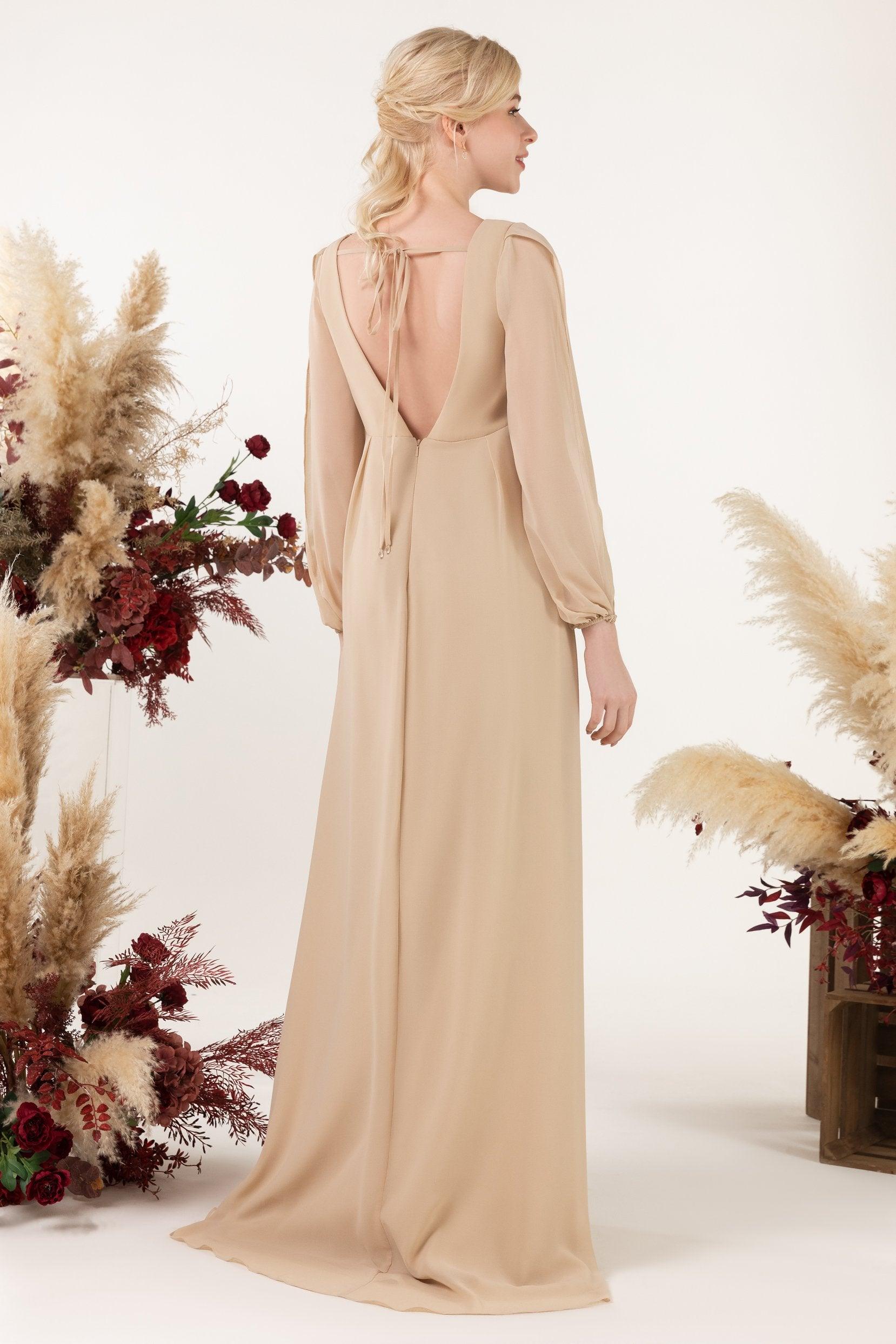 A-Line Sweep-Brush Train Chiffon Bridesmaid Dress CB0479M - COCOMELODY