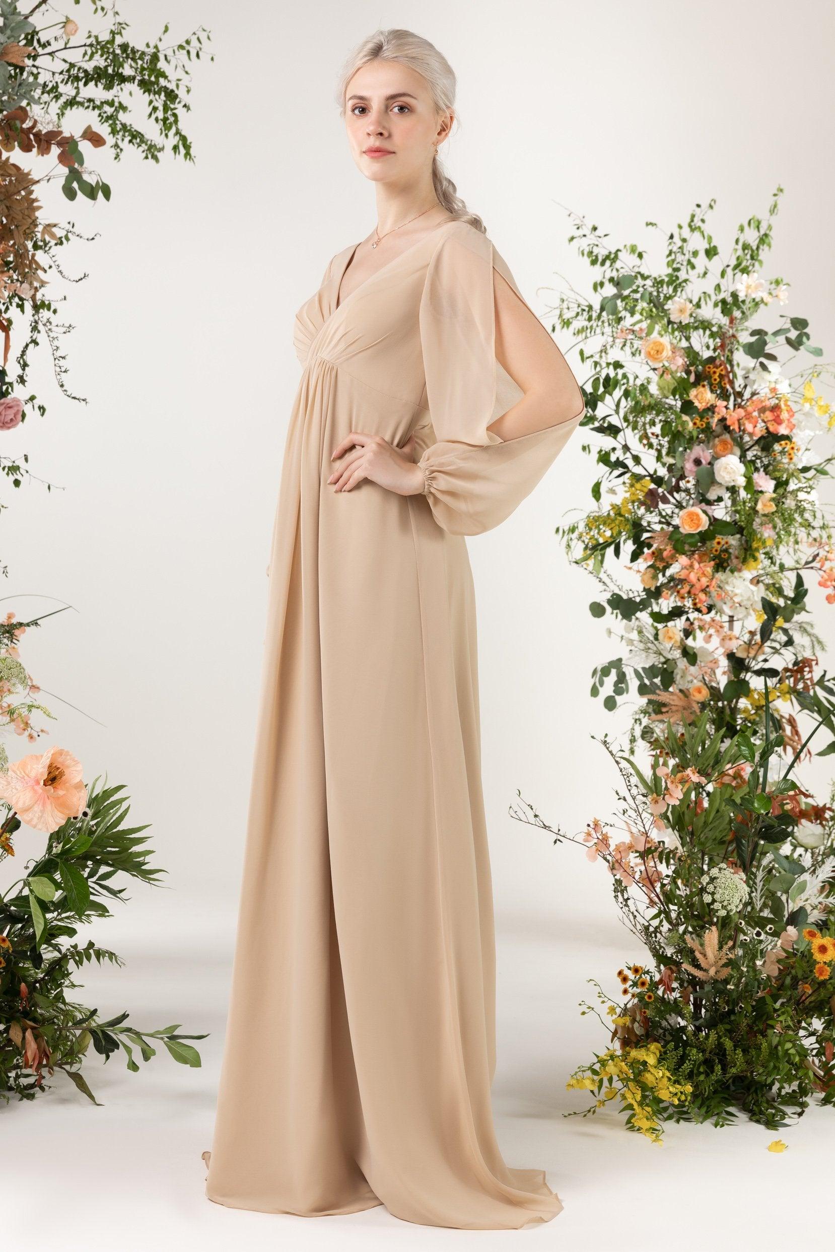 A-Line Sweep-Brush Train Chiffon Bridesmaid Dress CB0479 - COCOMELODY