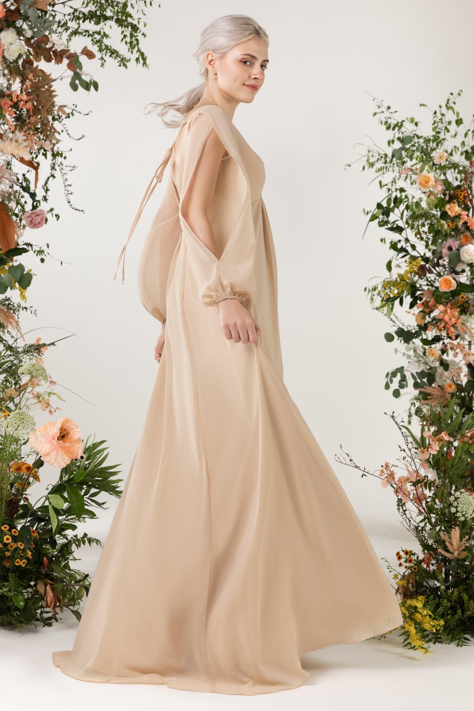 A-Line Sweep-Brush Train Chiffon Bridesmaid Dress CB0479 - COCOMELODY