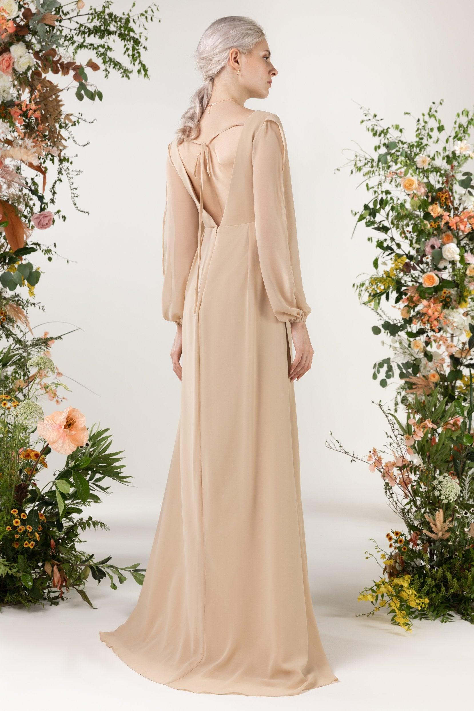 A-Line Sweep-Brush Train Chiffon Bridesmaid Dress CB0479 - COCOMELODY