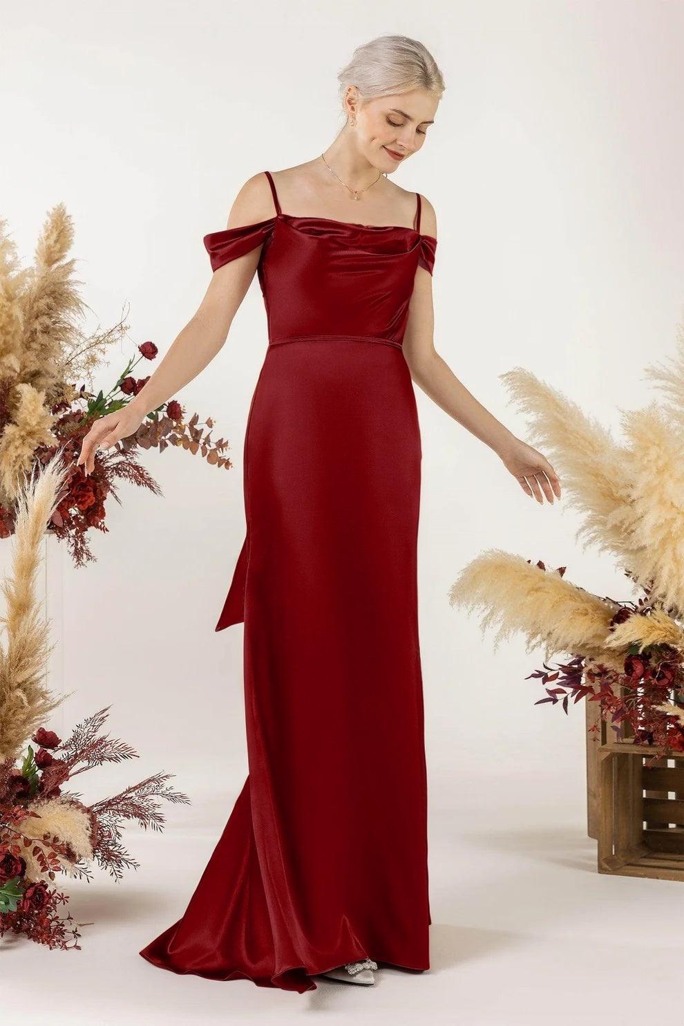 Trumpet Luxe Satin Bridesmaid Dress Formal Dresses CB0509 - Burgundy - COCOMELODY