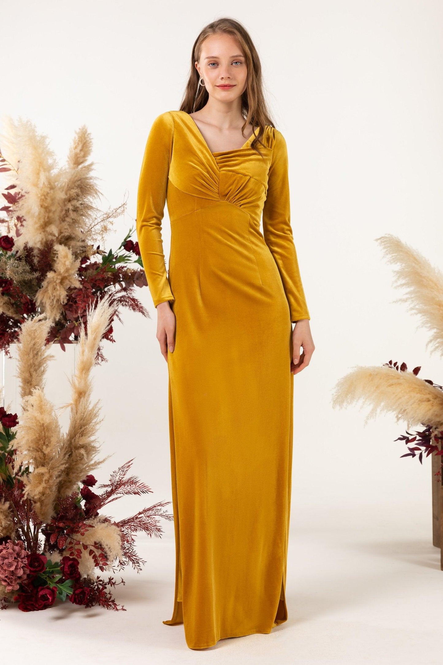 Sheath-Column Floor Length Velvet Bridesmaid Dress CB0517