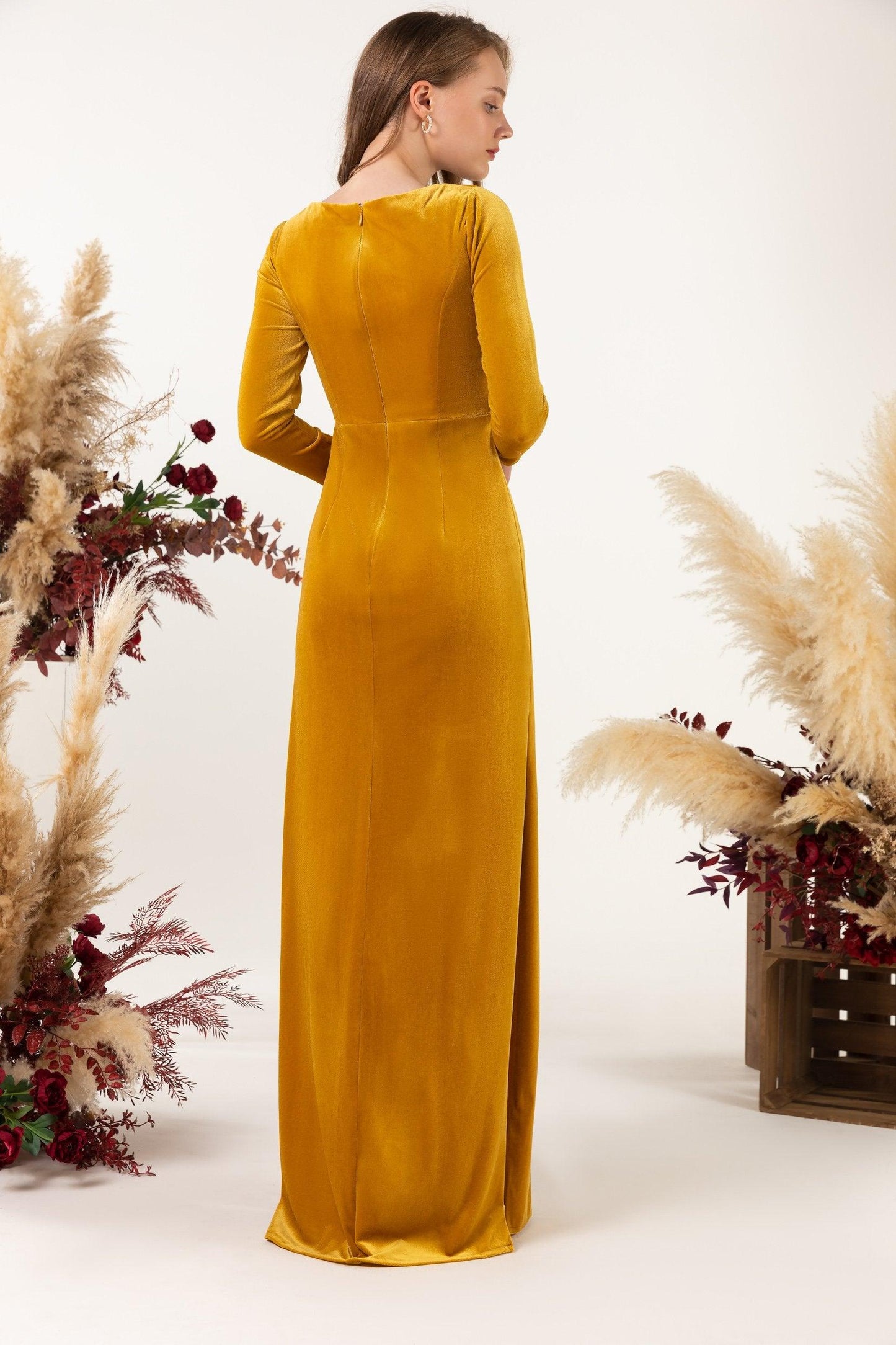Sheath-Column Floor Length Velvet Bridesmaid Dress CB0517 - COCOMELODY