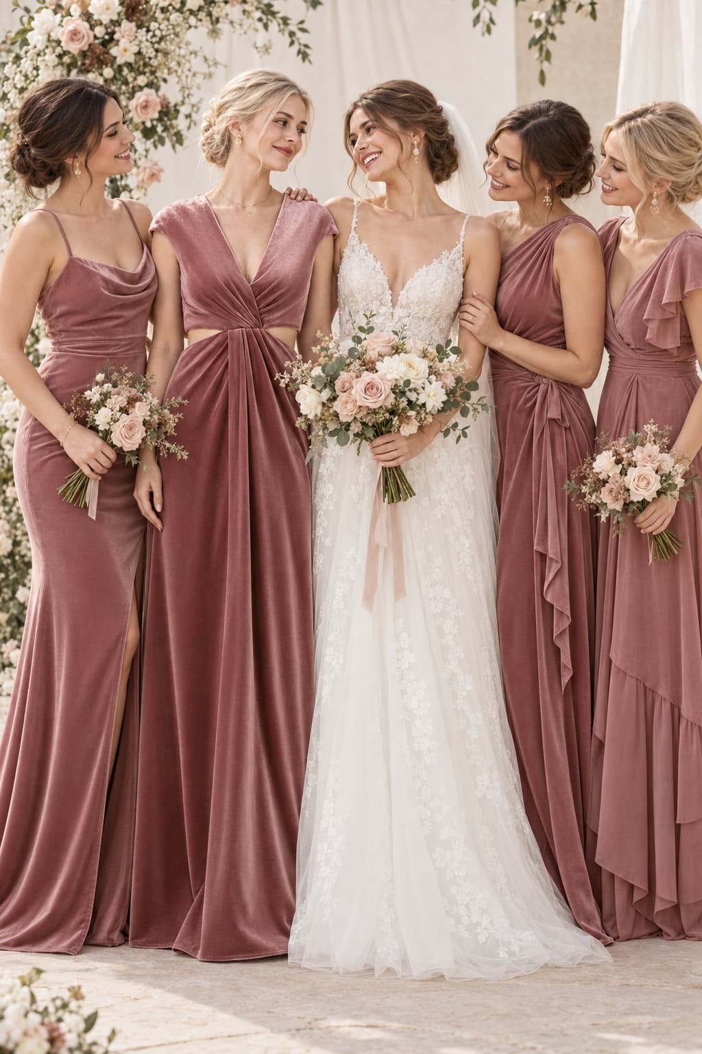 Sheath Sweep-Brush Train Velvet Bridesmaid Dress Formal Dresses CB0527 - Dusty Rose - COCOMELODY