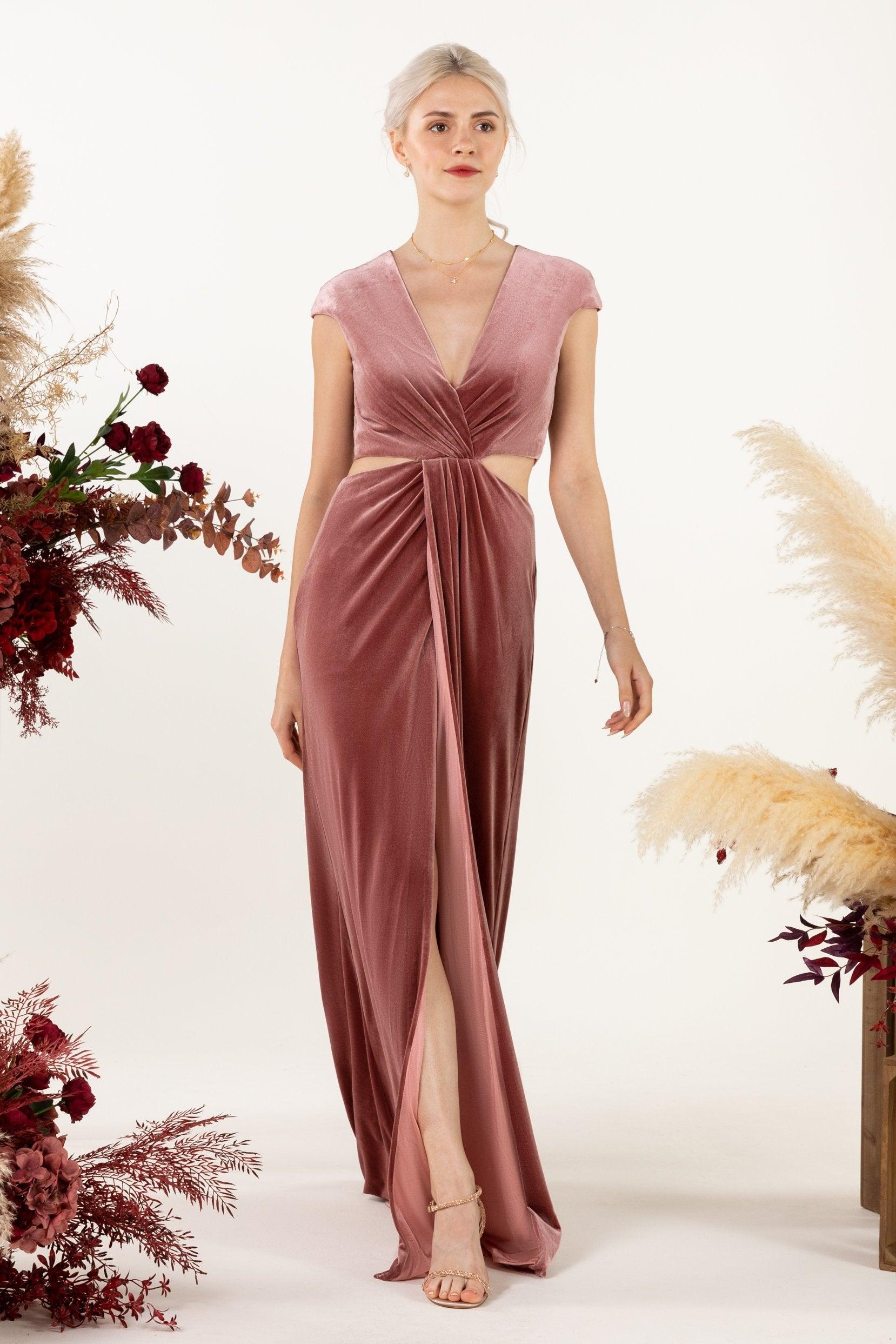 Sheath Sweep-Brush Train Velvet Bridesmaid Dress Formal Dresses CB0527 - COCOMELODY