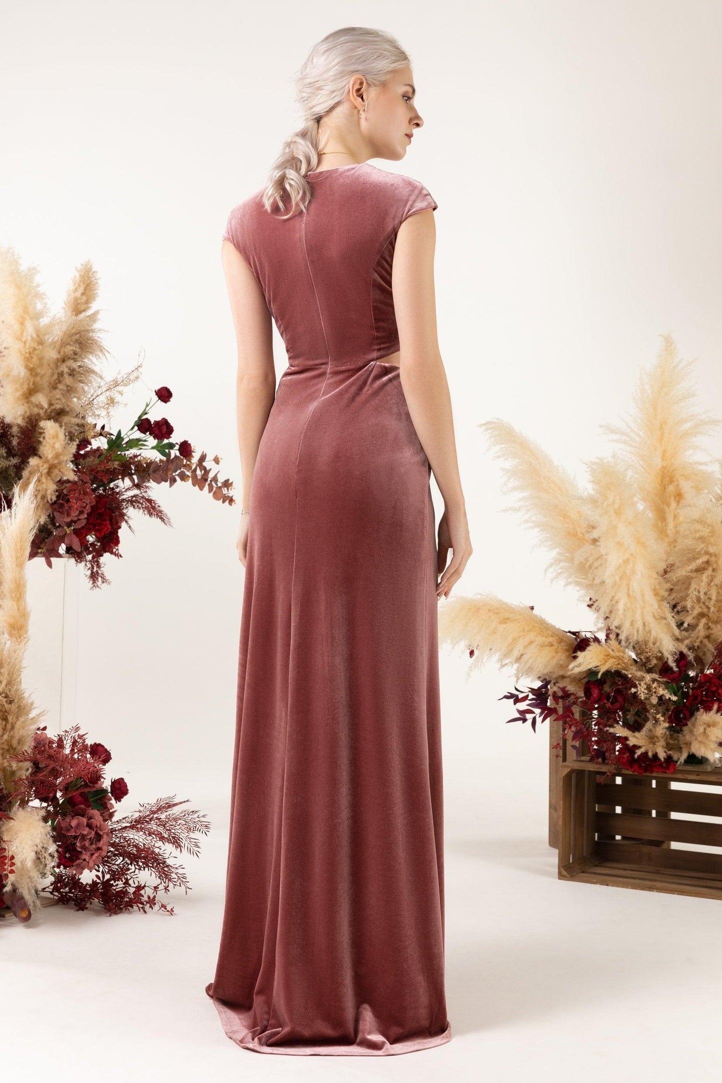 Sheath Sweep-Brush Train Velvet Bridesmaid Dress Formal Dresses CB0527 - COCOMELODY