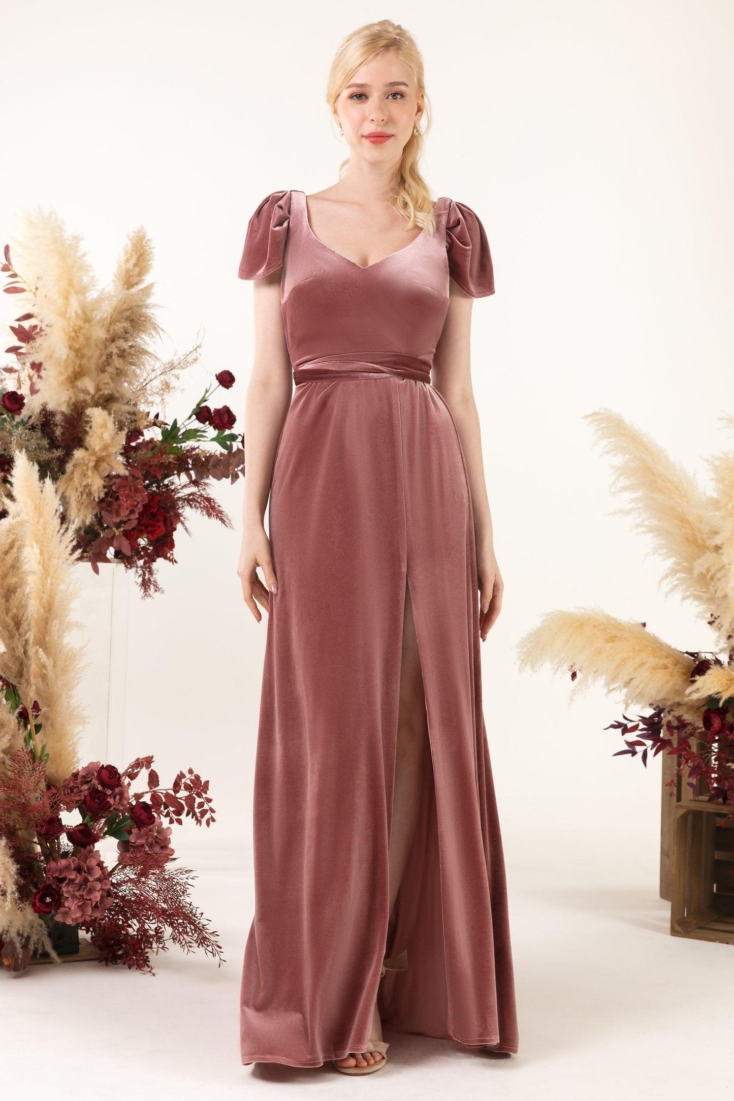 Sheath-Column Floor Length Velvet Bridesmaid Dress Formal Dresses CB0528