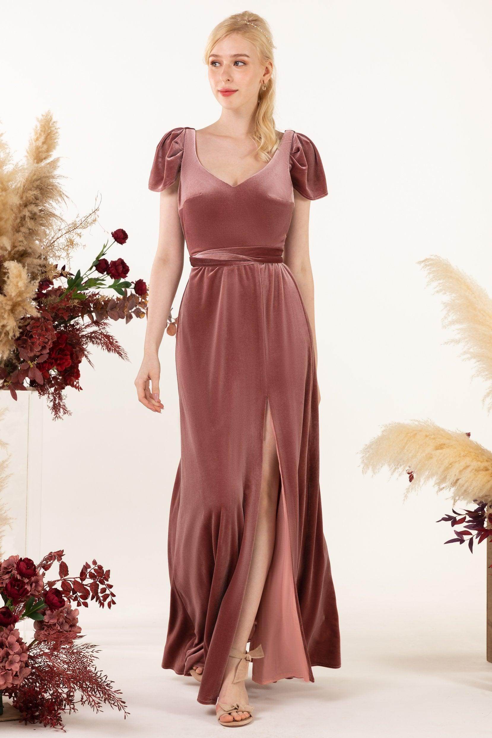 Sheath-Column Floor Length Velvet Bridesmaid Dress Formal Dresses CB0528 - COCOMELODY