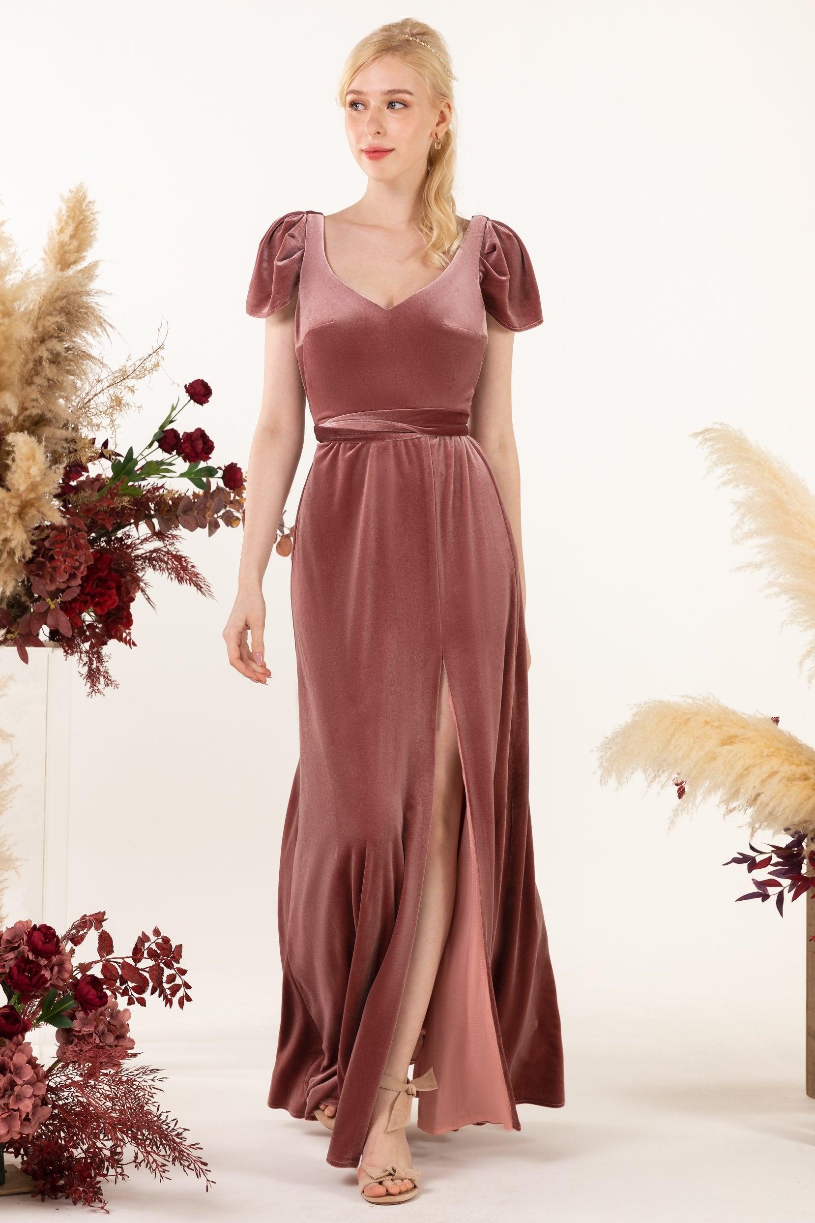Sheath-Column Floor Length Velvet Bridesmaid Dress Formal Dresses CB0528 - COCOMELODY