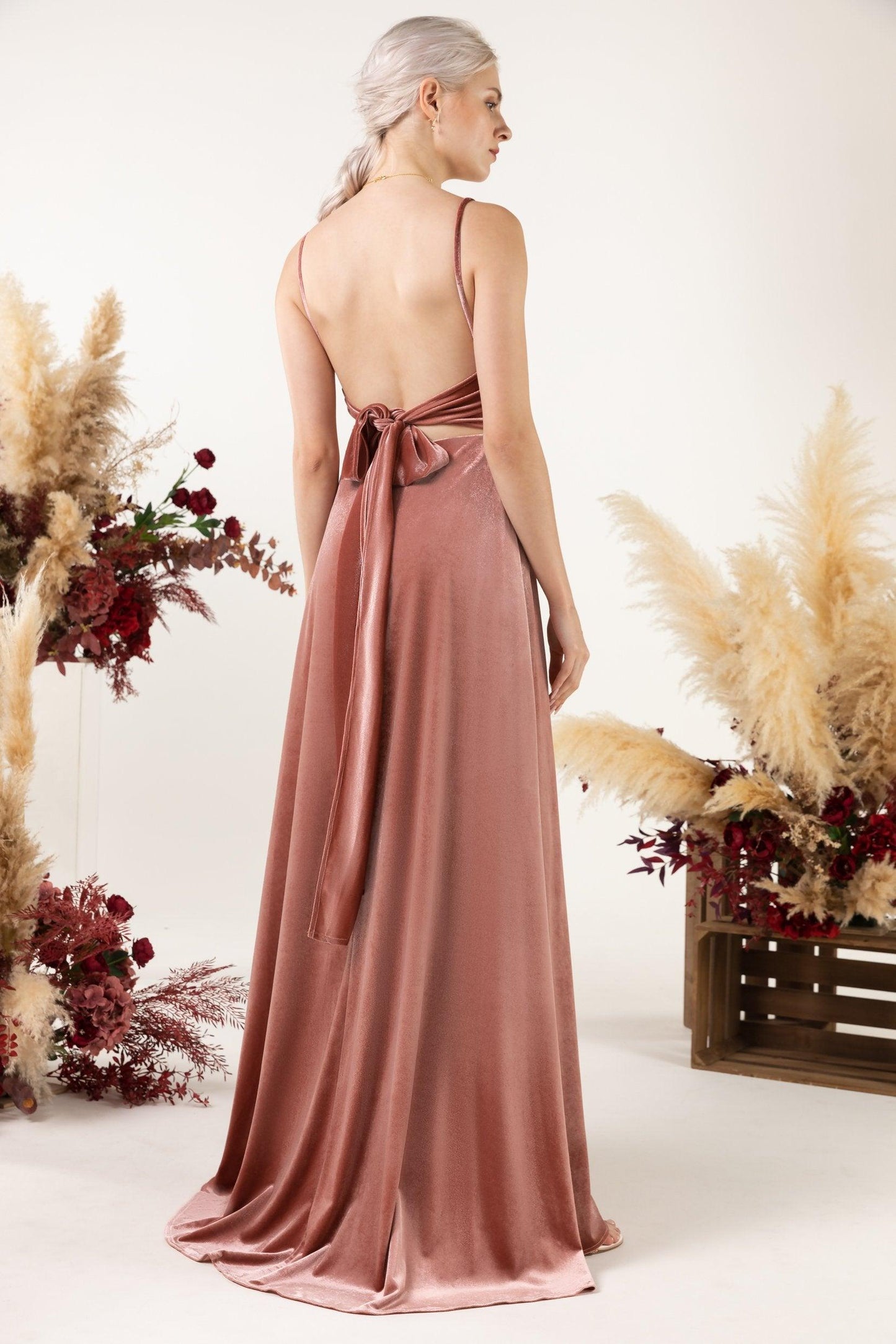 A-Line Sweep-Brush Train Velvet Bridesmaid Dress Formal Dresses CB0536