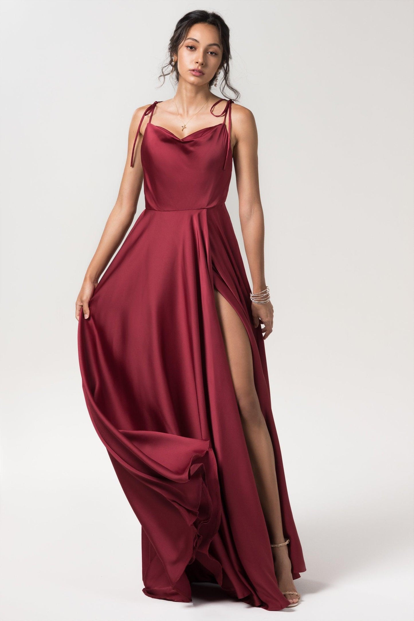 A-Line Sweep-Brush Train Luxe Satin Bridesmaid Dress Formal Dresses CB0619