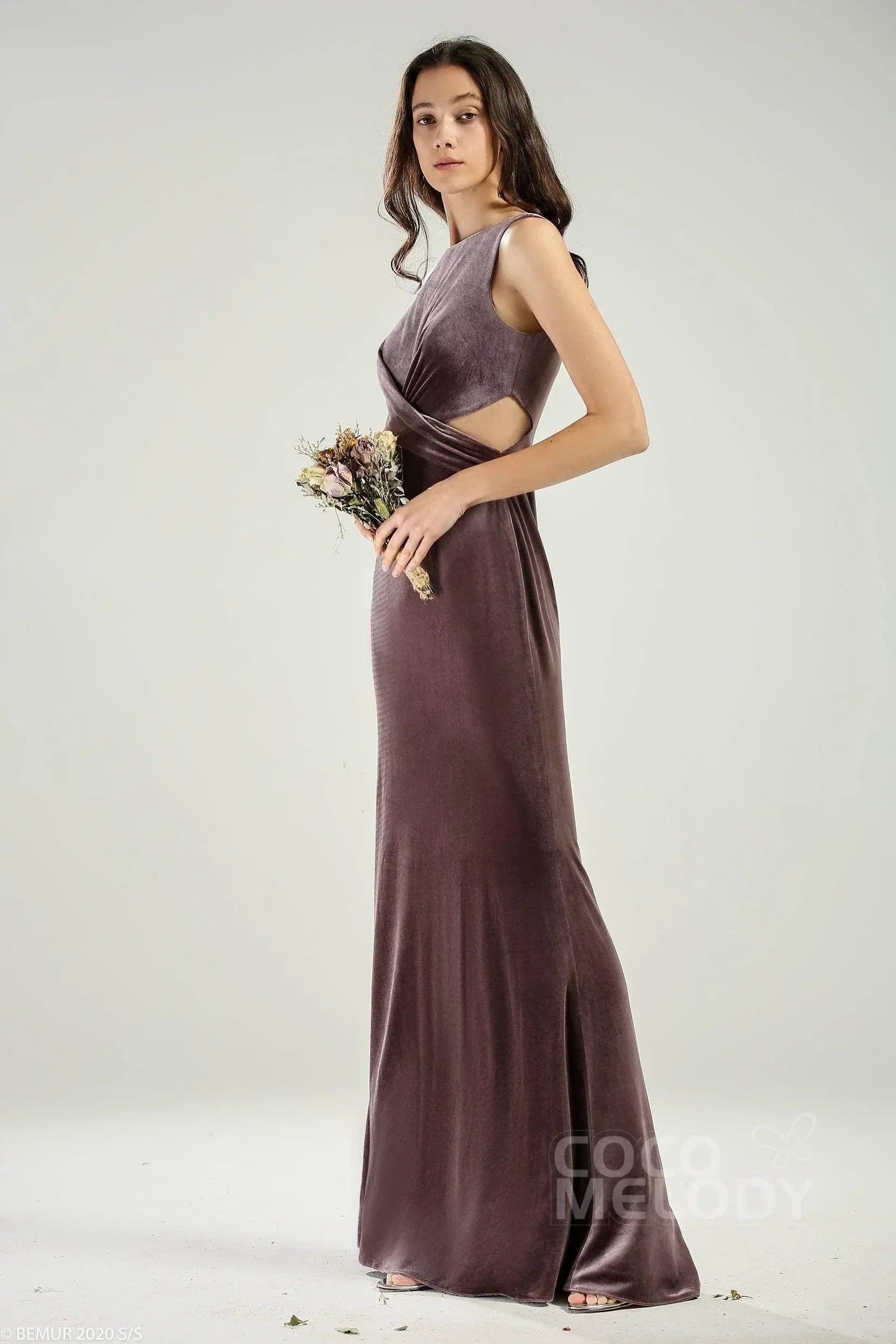 Sheath-Column Floor Length Velvet Bridesmaid Dress COCOMELODY CB0624, Dusty Rose