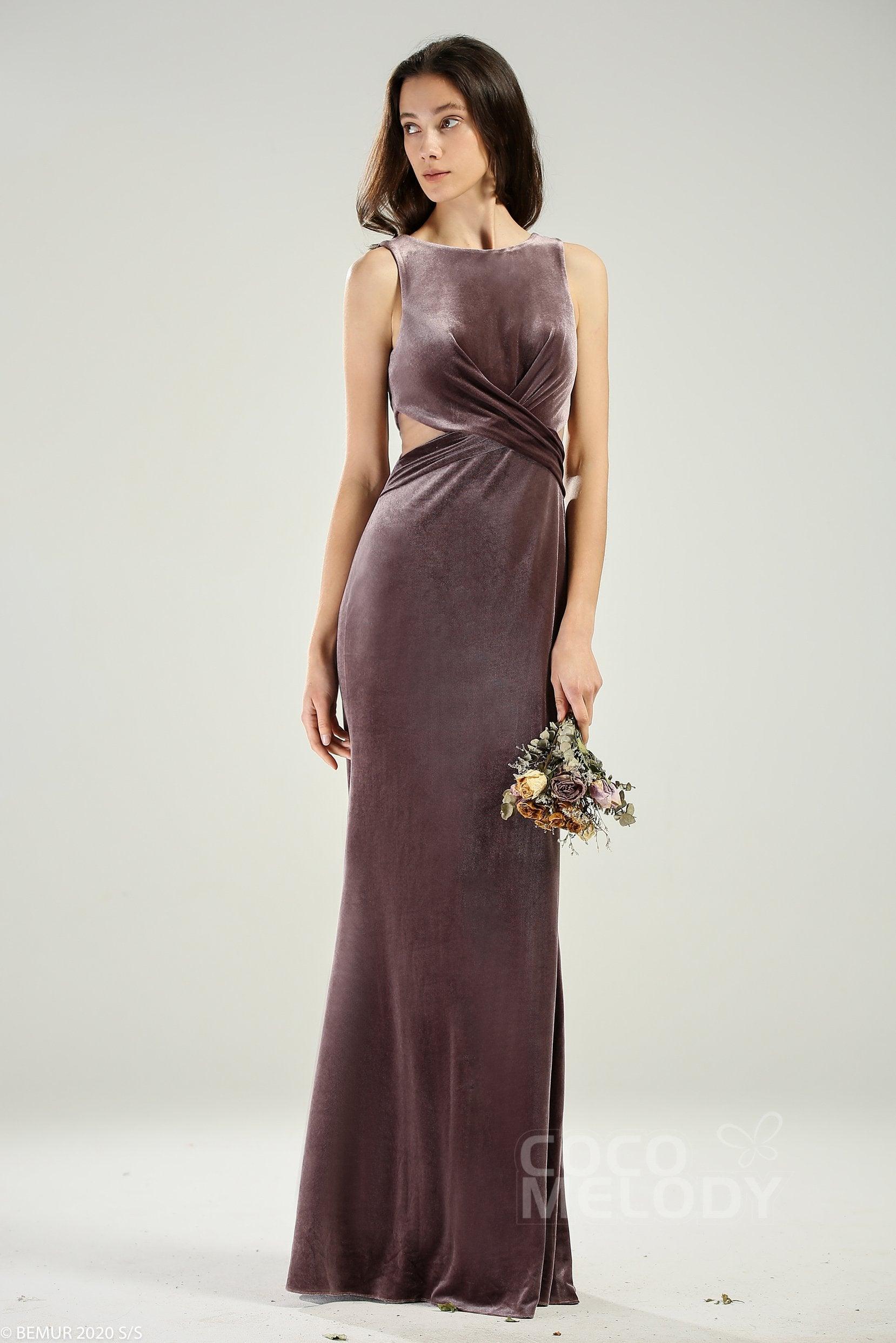 Sheath-Column Floor Length Velvet Bridesmaid Dress CB0624 - COCOMELODY