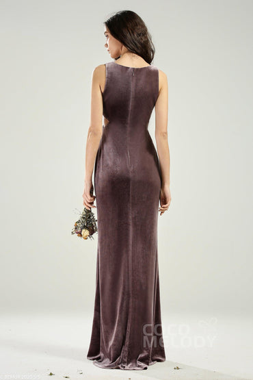 Sheath-Column Floor Length Velvet Bridesmaid Dress CB0624 - COCOMELODY