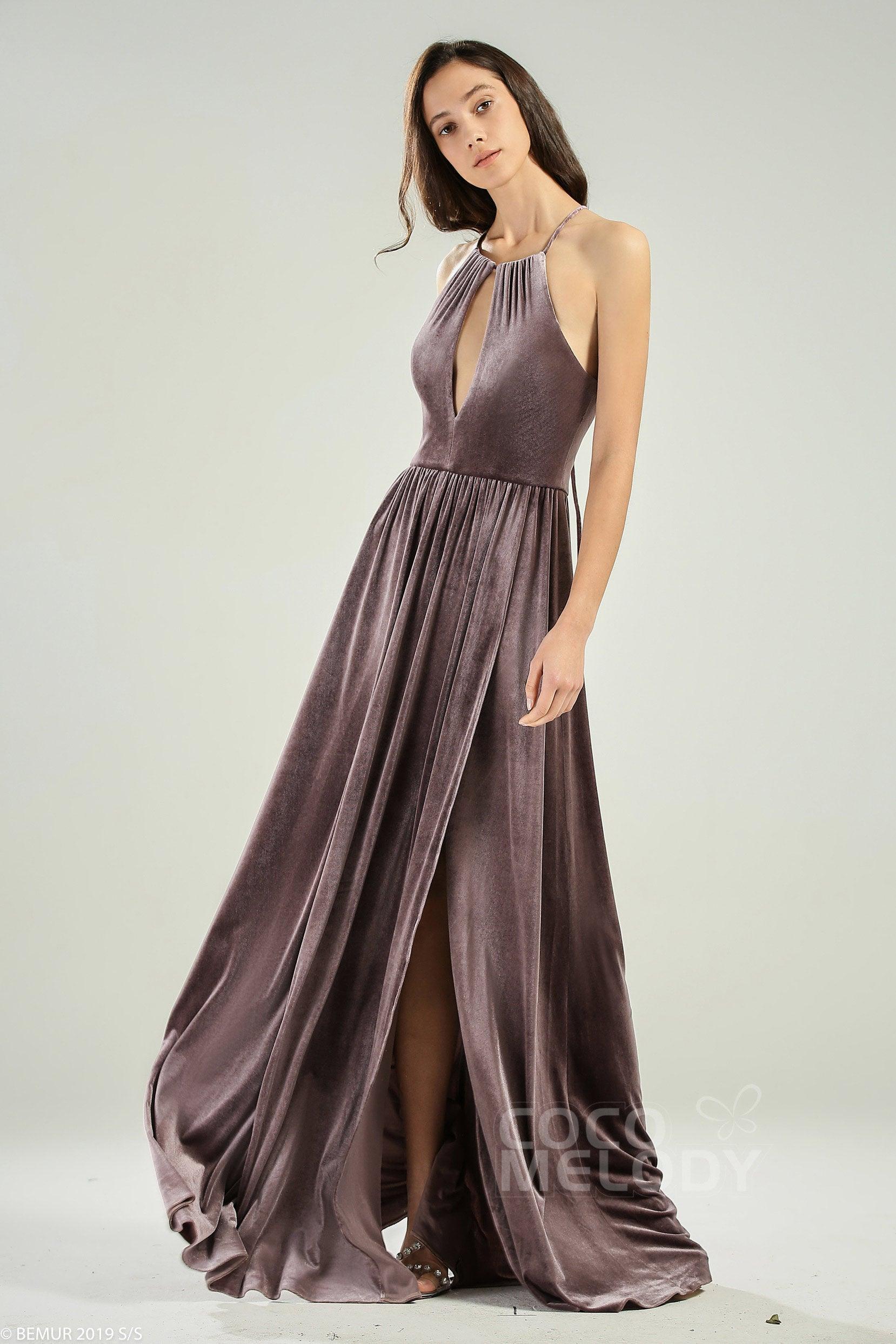 A-Line Floor Length Velvet Bridesmaid Dress CB0647 - COCOMELODY
